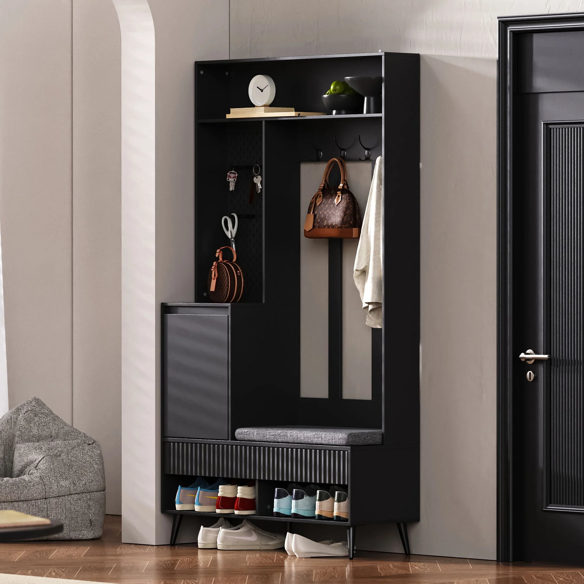 Wardrobe set with shoe bench, 4 coat hooks, two drawers, 1 door, black - Image 4