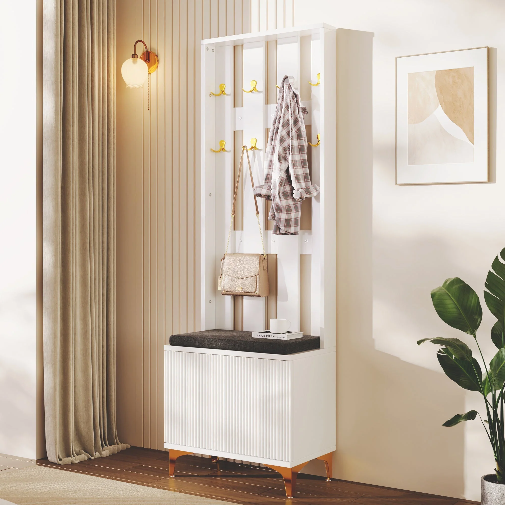 Wardrobe Set with Shoe Bench, Cushion, Hooks, Drawers, and Doors - Image 2