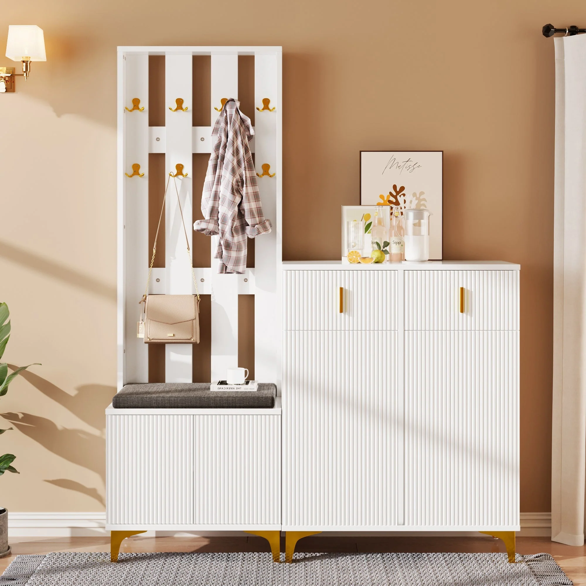 Wardrobe Set with Shoe Bench, Hooks, Drawers & Doors - Image 2
