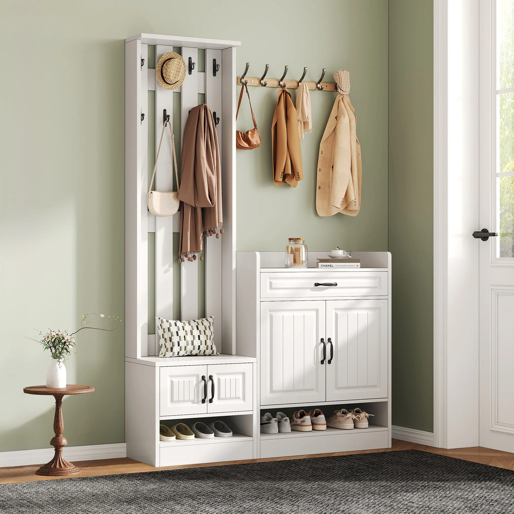 Wardrobe Set with Shoe Bench & Rack, 8 Hooks, 4 Doors, 1 Drawer - White - Image 4