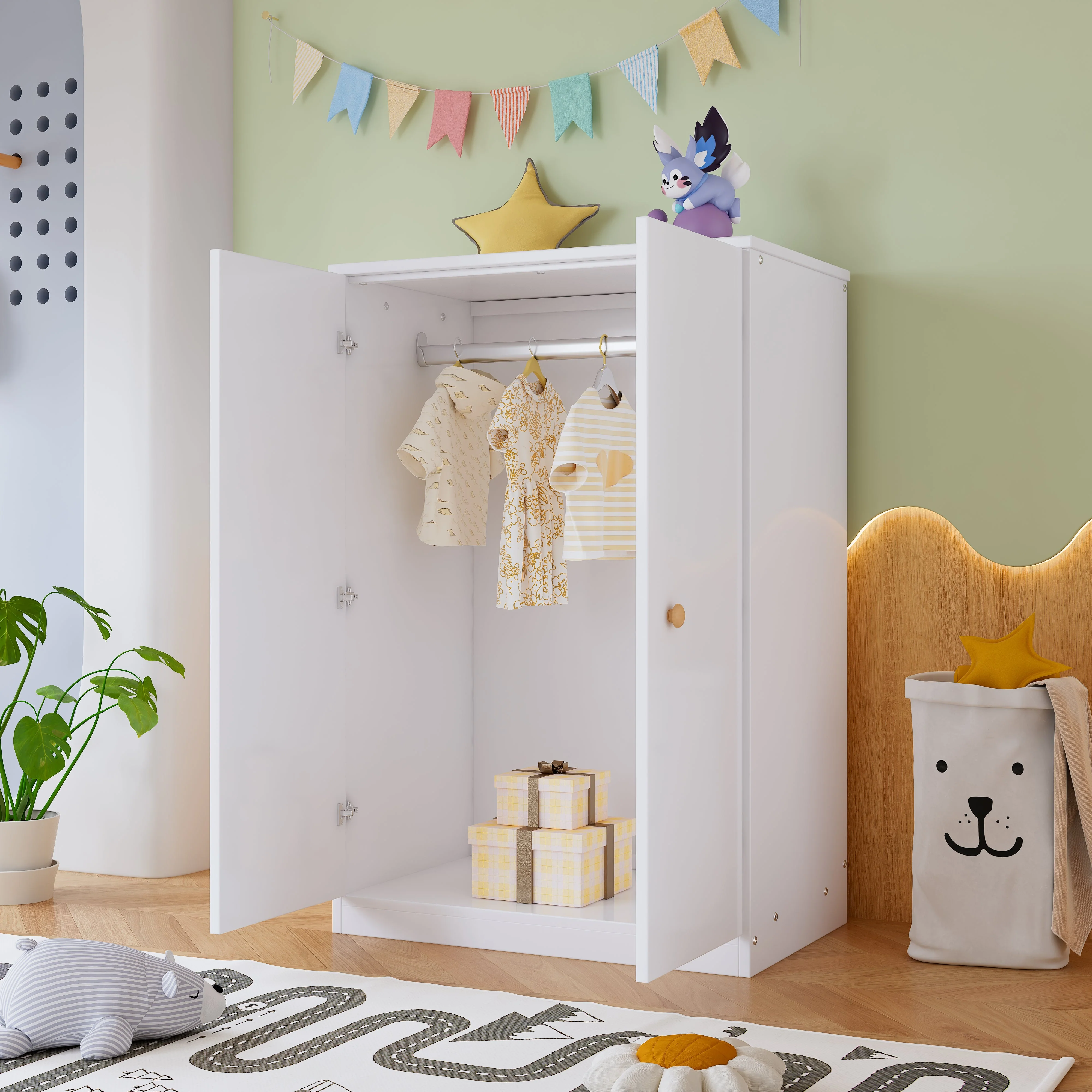Wardrobe, Small 2-Door Hanging Rail for Bedroom/Children, MDF White