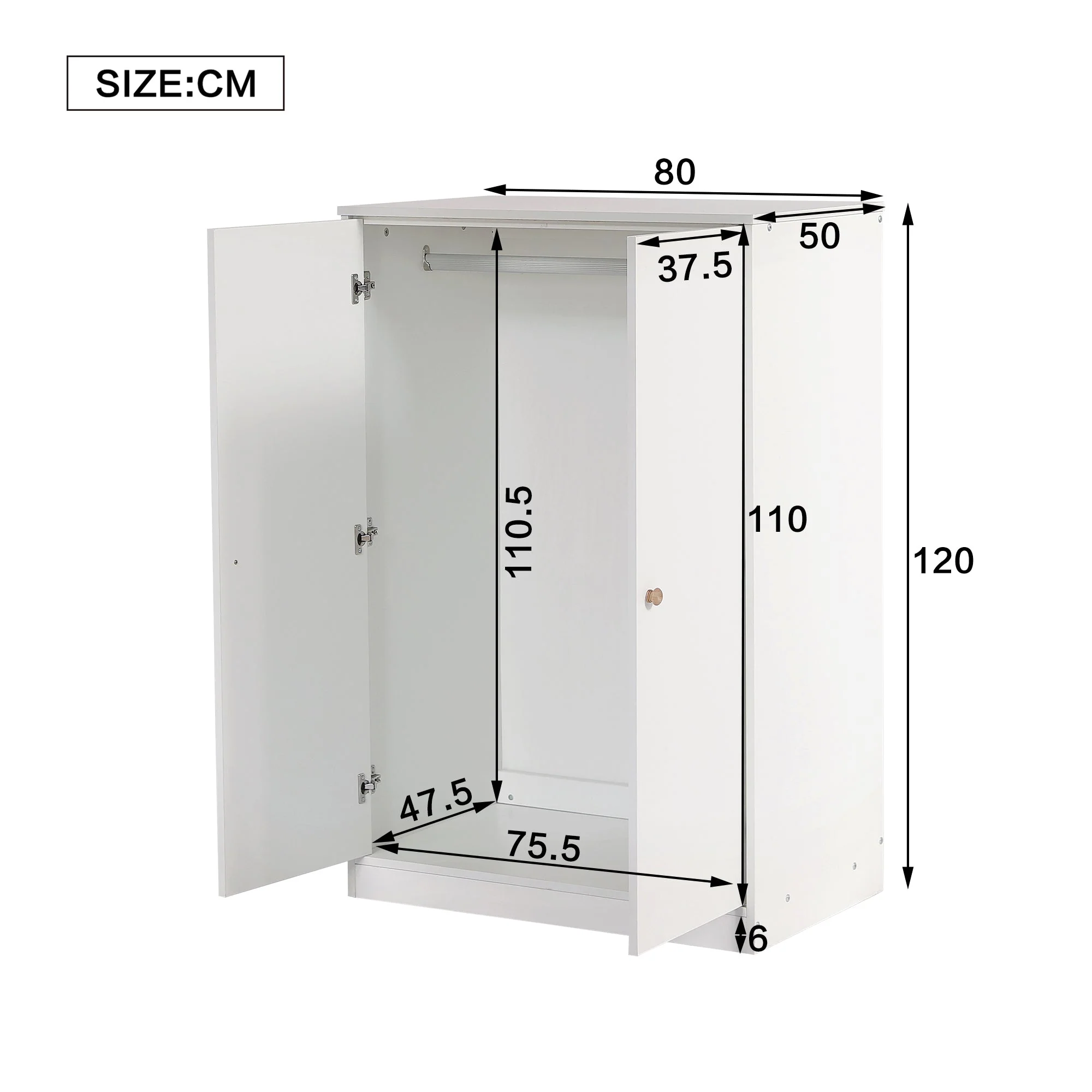 Wardrobe, Small 2-Door Hanging Rail for Bedroom/Children, MDF White - Image 3