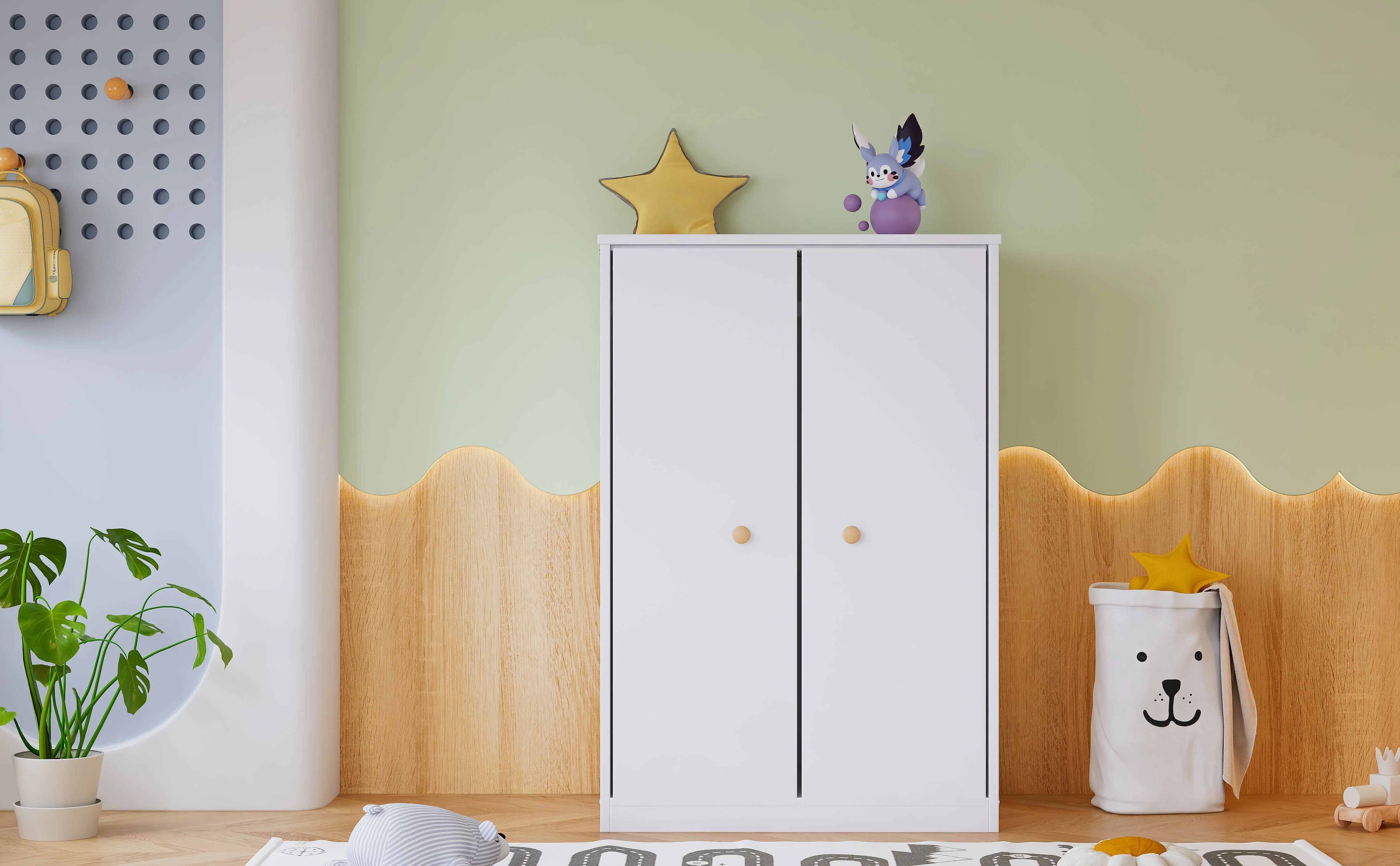 Wardrobe, Small 2-Door Hanging Rail for Bedroom/Children, MDF White - Image 4