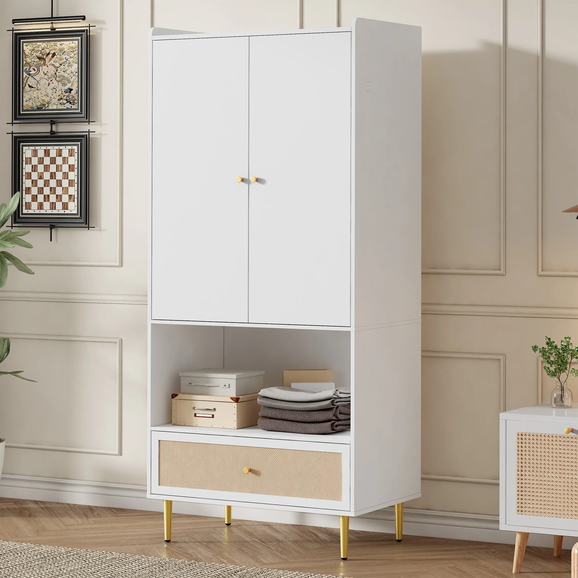 Wardrobe with 2 Doors, Rattan Drawer and Clothes Rail, White - Image 8