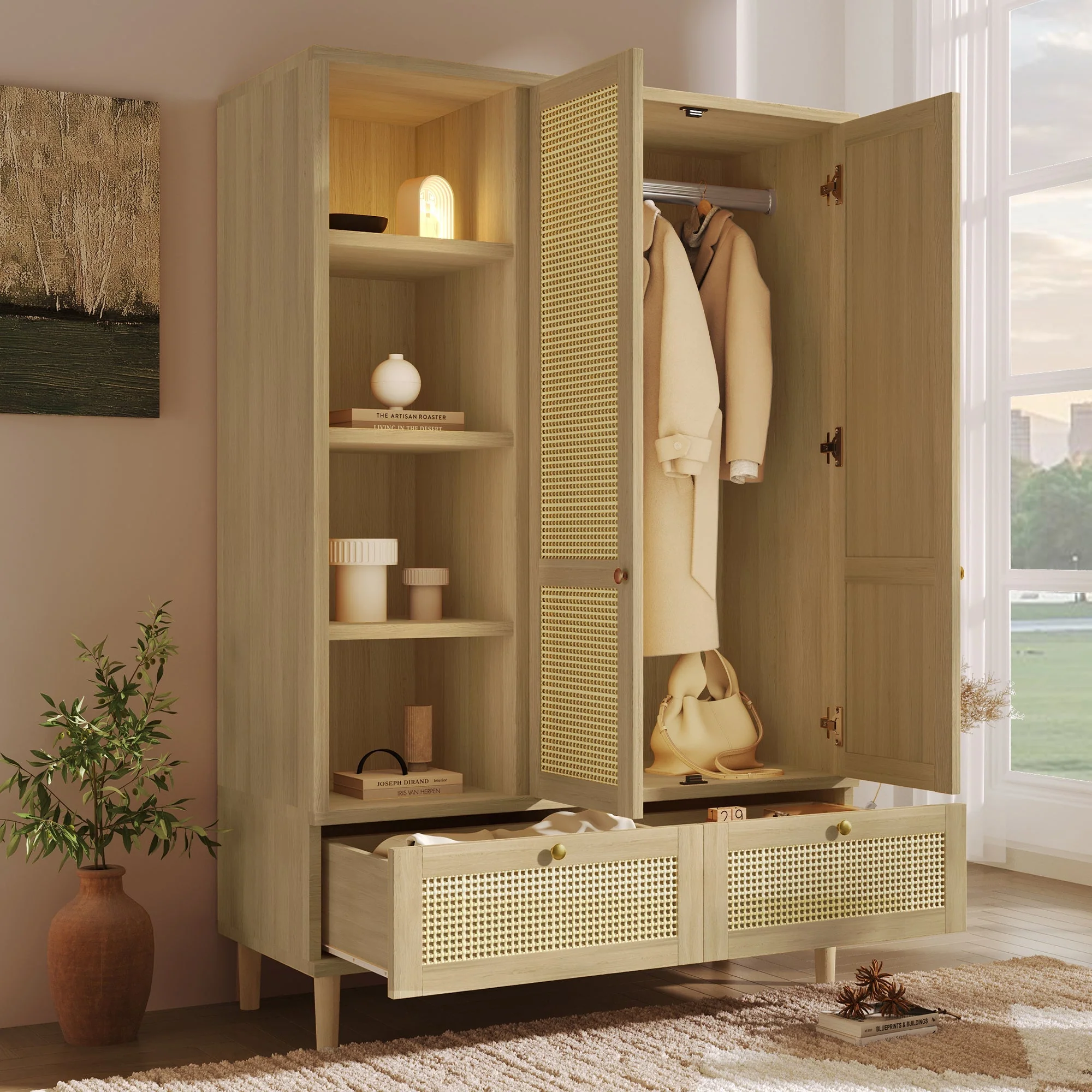 Wardrobe with 2 Doors, Rattan Weave, Shelves, Clothes Rail and 2 Drawers, Oak Look - Image 3