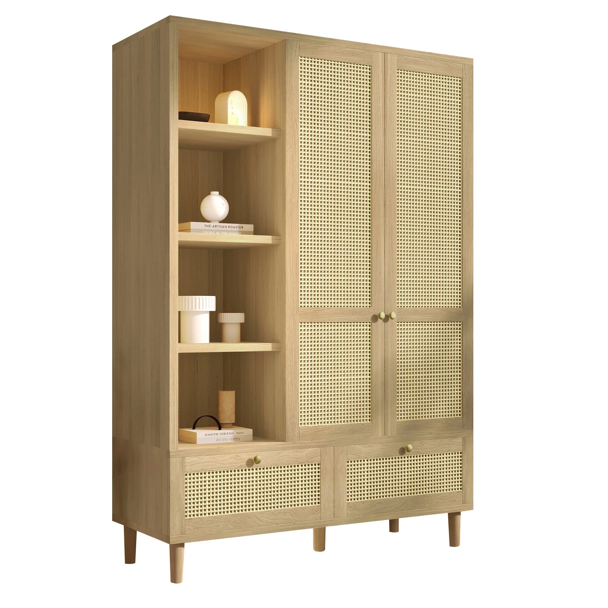 Wardrobe with 2 Doors, Rattan Weave, Shelves, Clothes Rail and 2 Drawers, Oak Look - Image 4