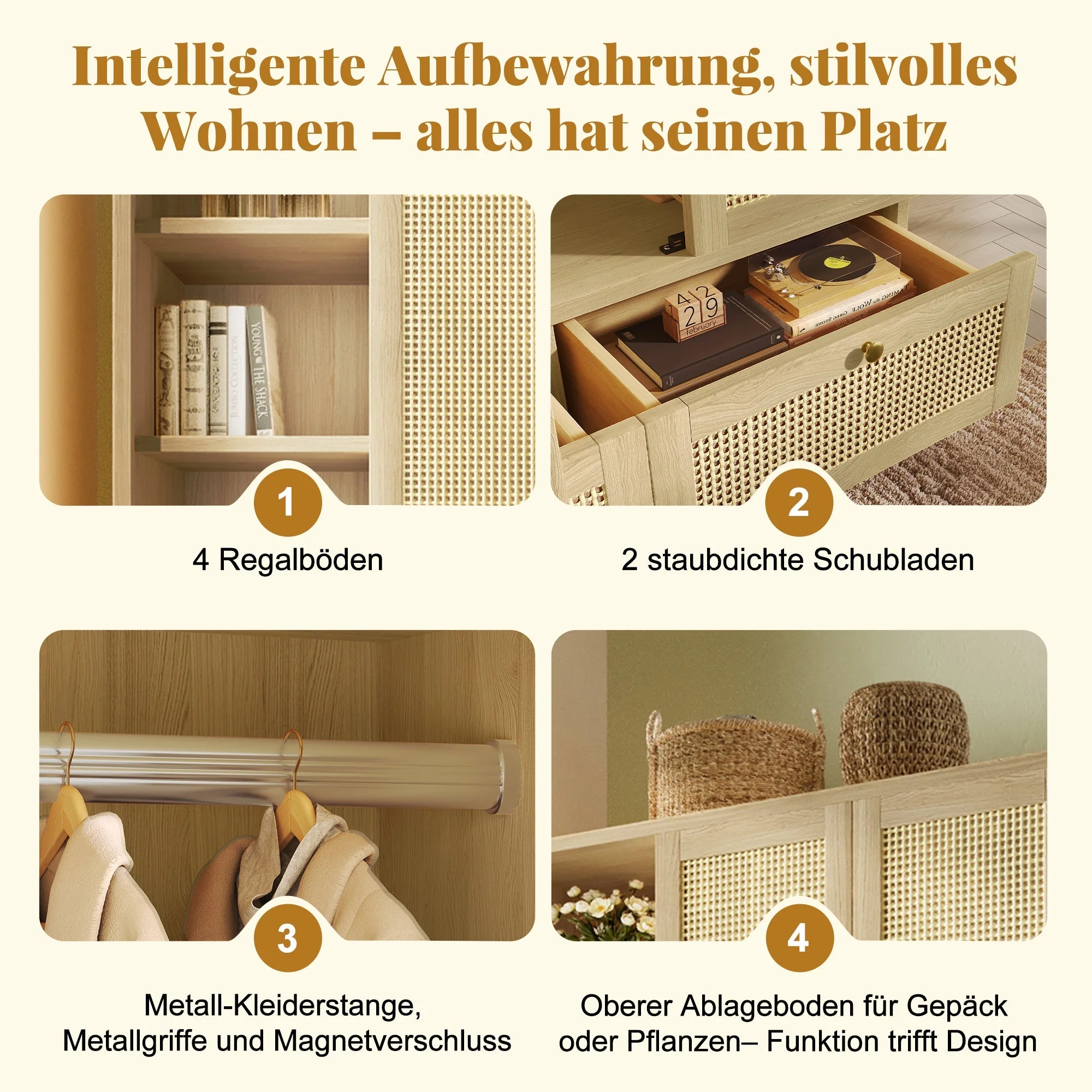Wardrobe with 2 Doors, Rattan Weave, Shelves, Clothes Rail and 2 Drawers, Oak Look - Image 9
