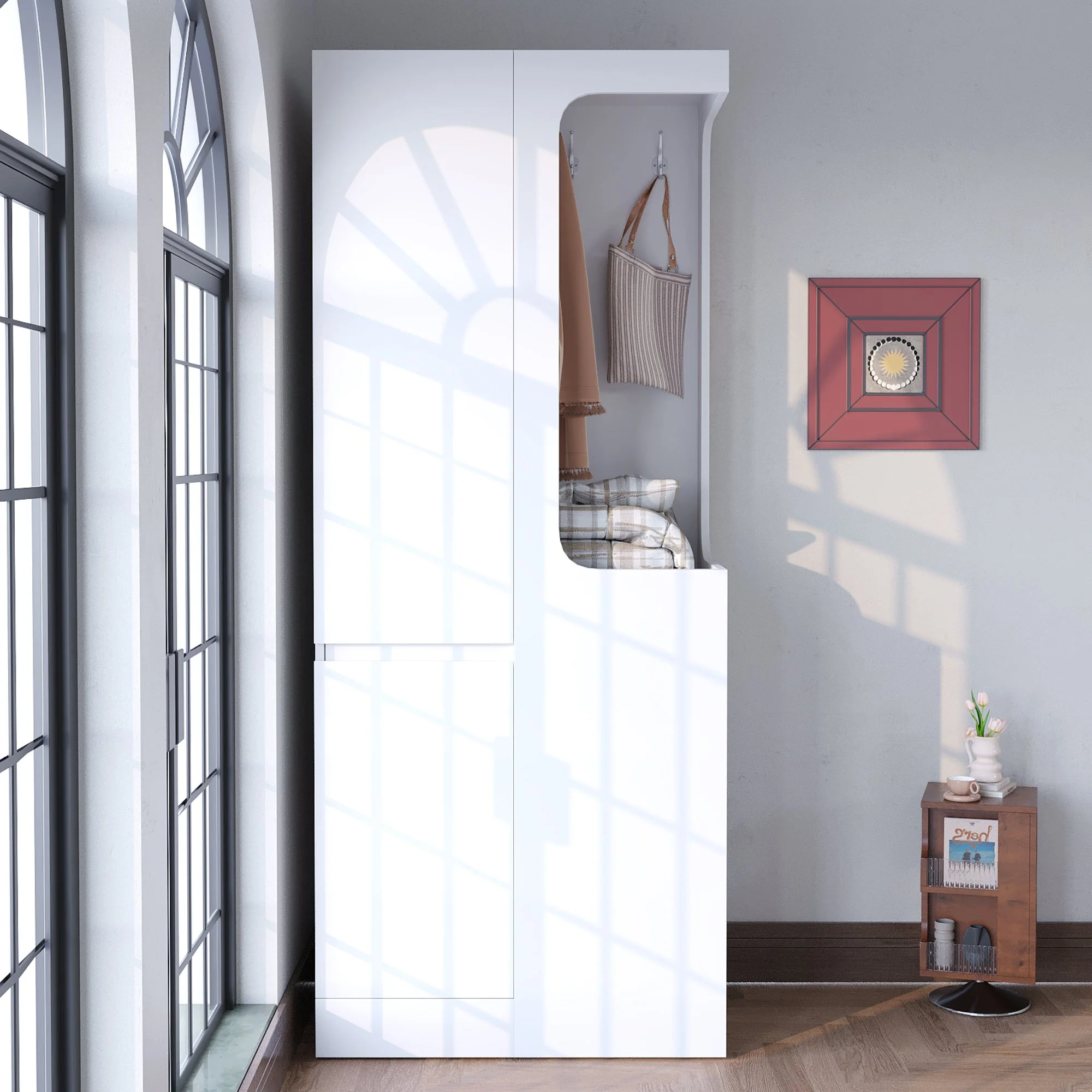 Wardrobe with Drawers and Open Storage, 70x40x170cm, White - Image 3