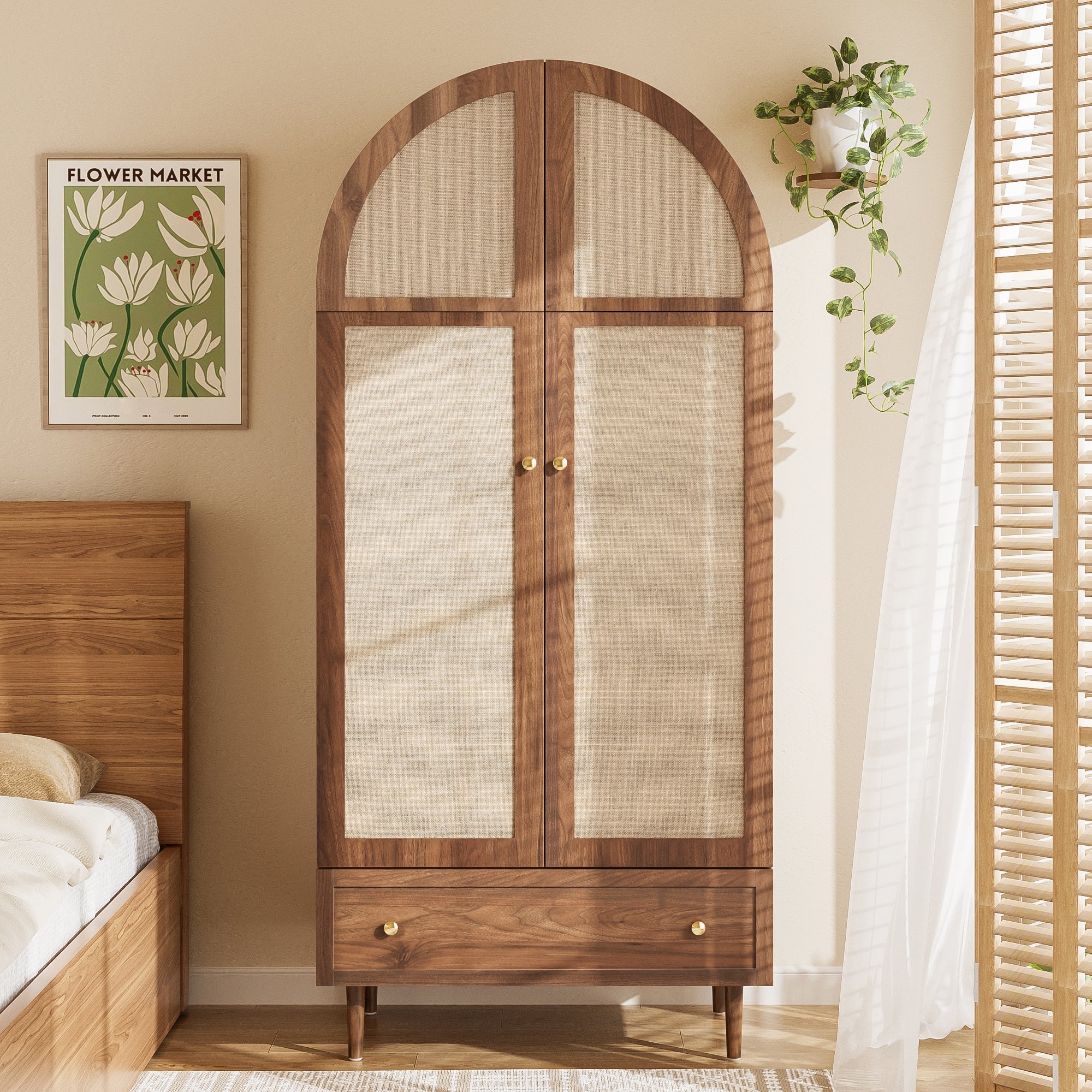 Wardrobe with Drawers Linen Fabric Wooden Doors - Image 3