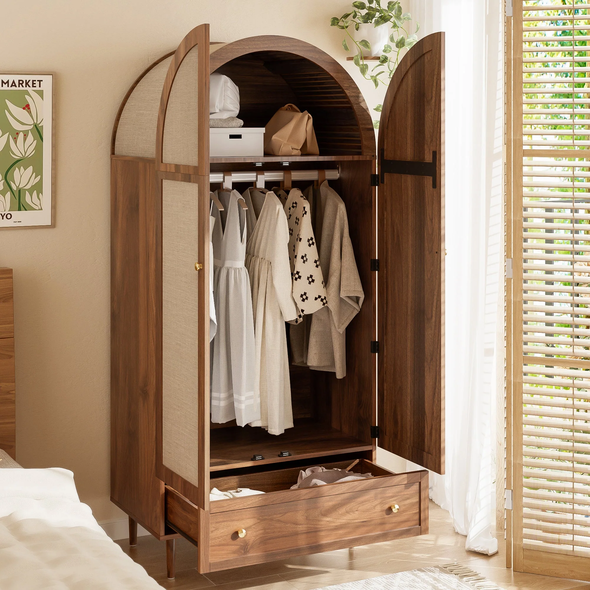 Wardrobe with Drawers Linen Fabric Wooden Doors - Image 4