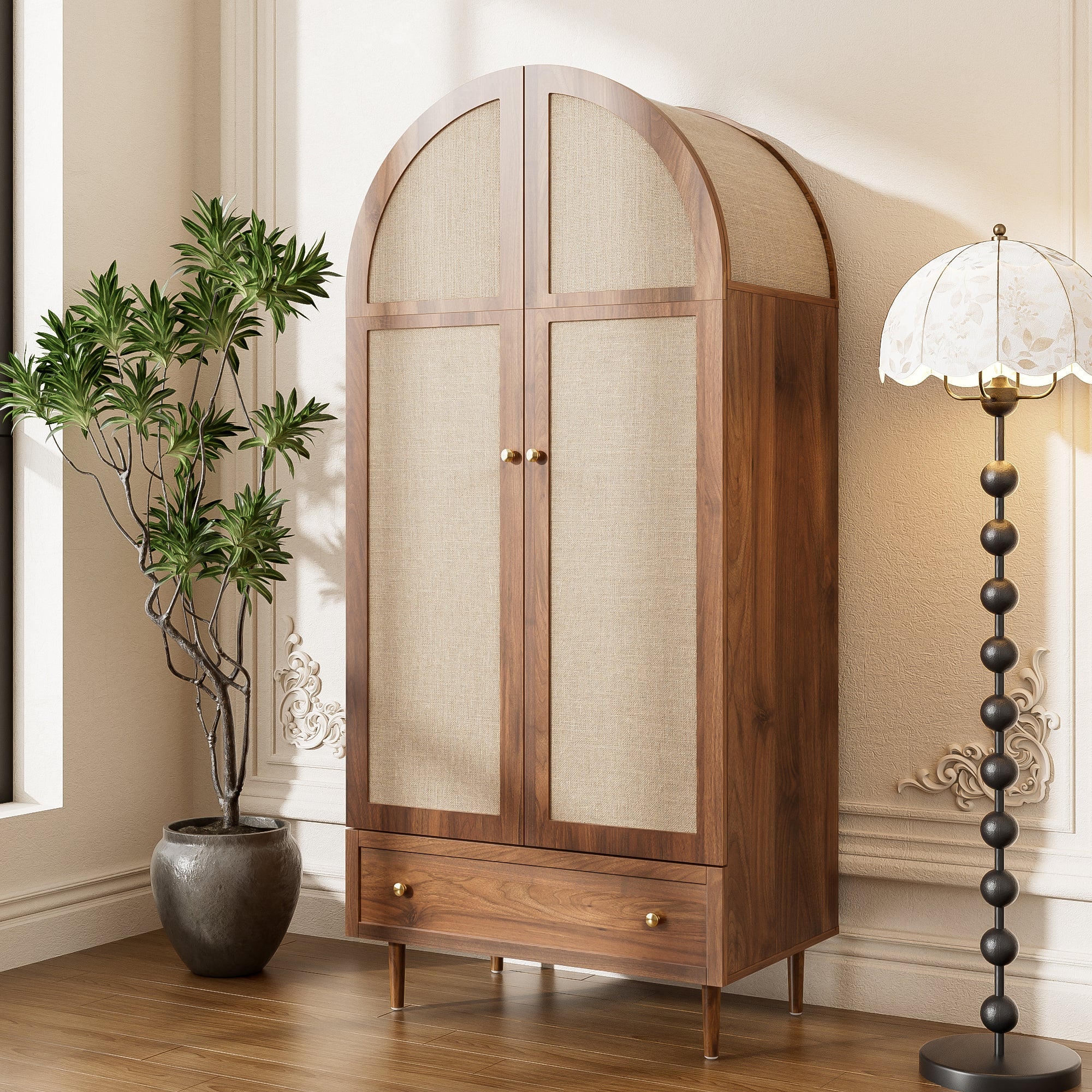Wardrobe with Drawers Linen Fabric Wooden Doors - Image 7