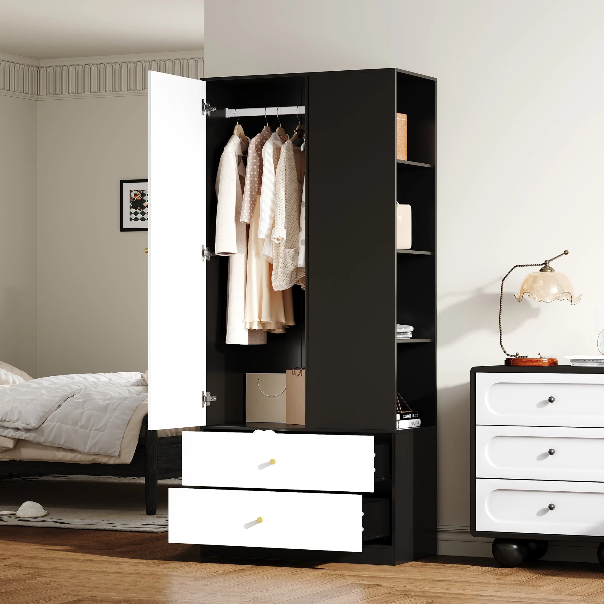 Wardrobe with Mirror 2 Drawers 4 Shelves Bedroom Storage 80x40x180cm White and Black