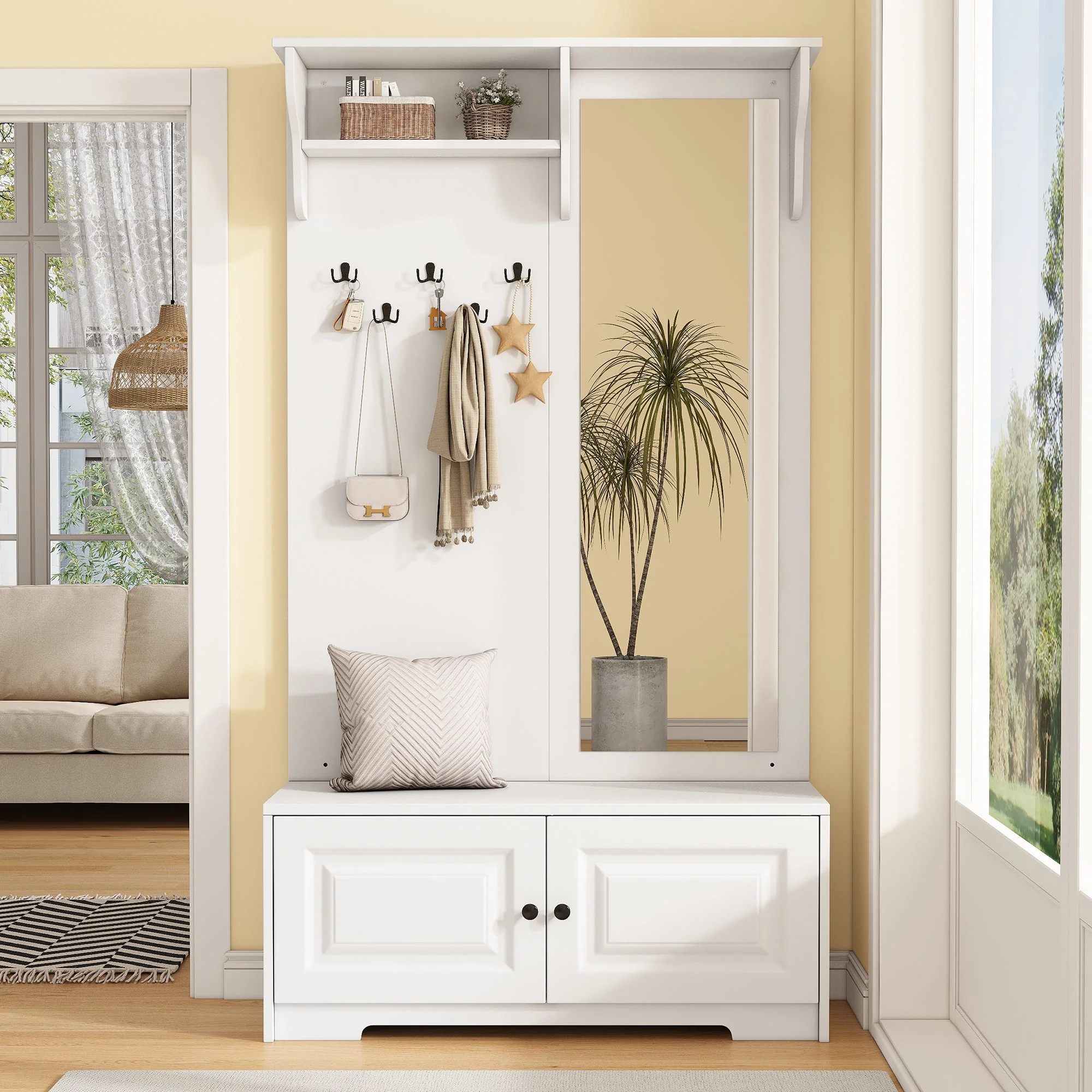 Wardrobe with Mirror, 5 Hooks, 2 Cabinets, White