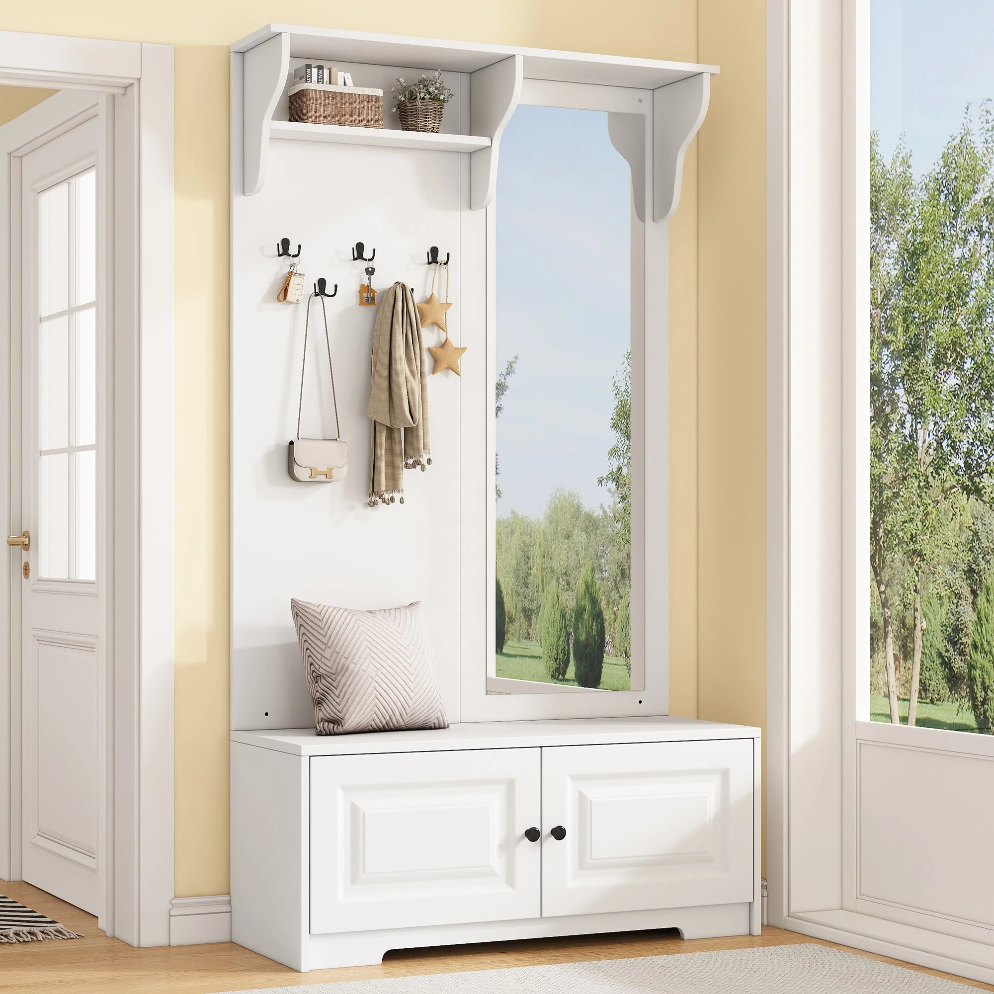 Wardrobe with Mirror, 5 Hooks, 2 Cabinets, White - Image 2