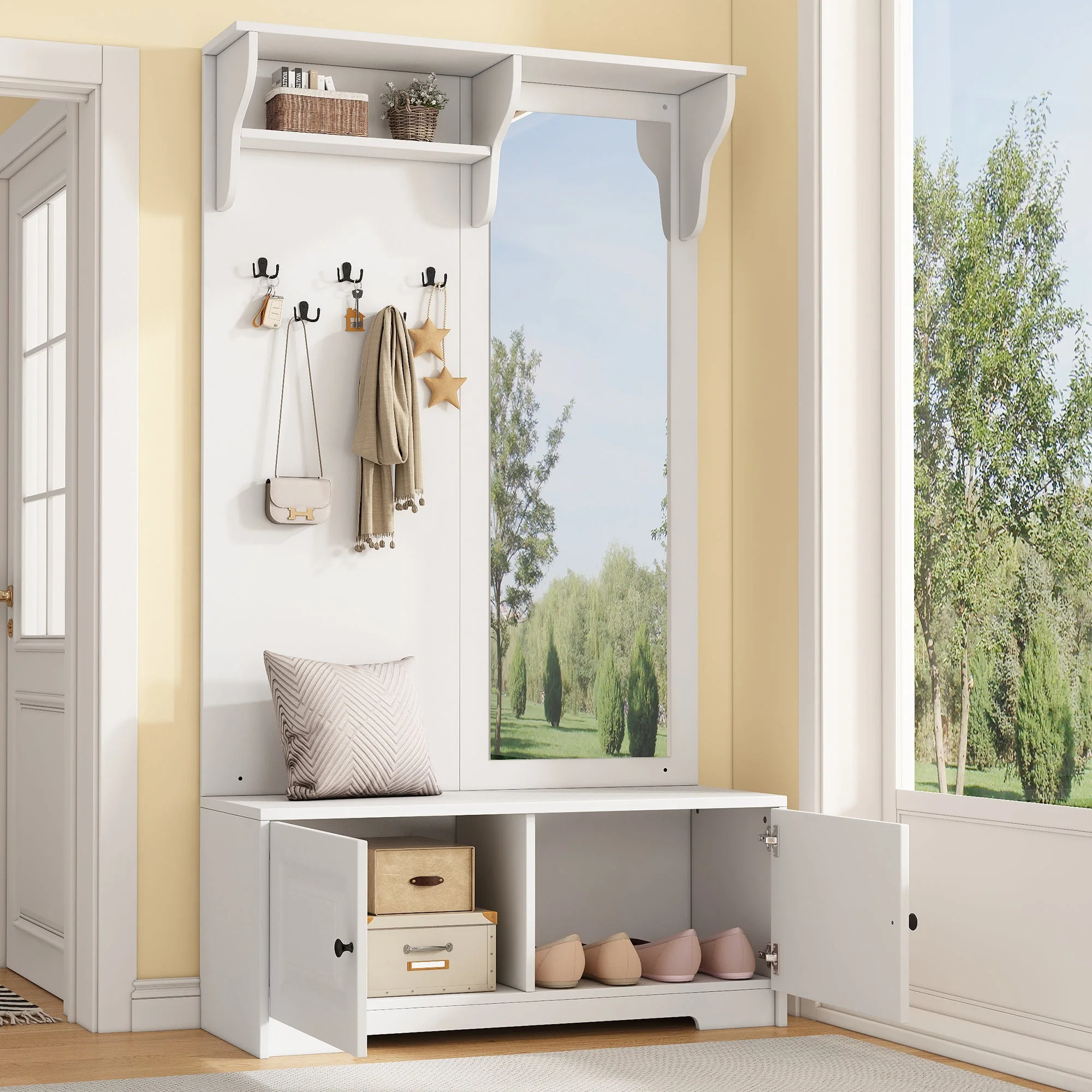 Wardrobe with Mirror, 5 Hooks, 2 Cabinets, White - Image 3