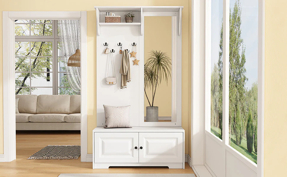 Wardrobe with Mirror, 5 Hooks, 2 Cabinets, White - Image 4