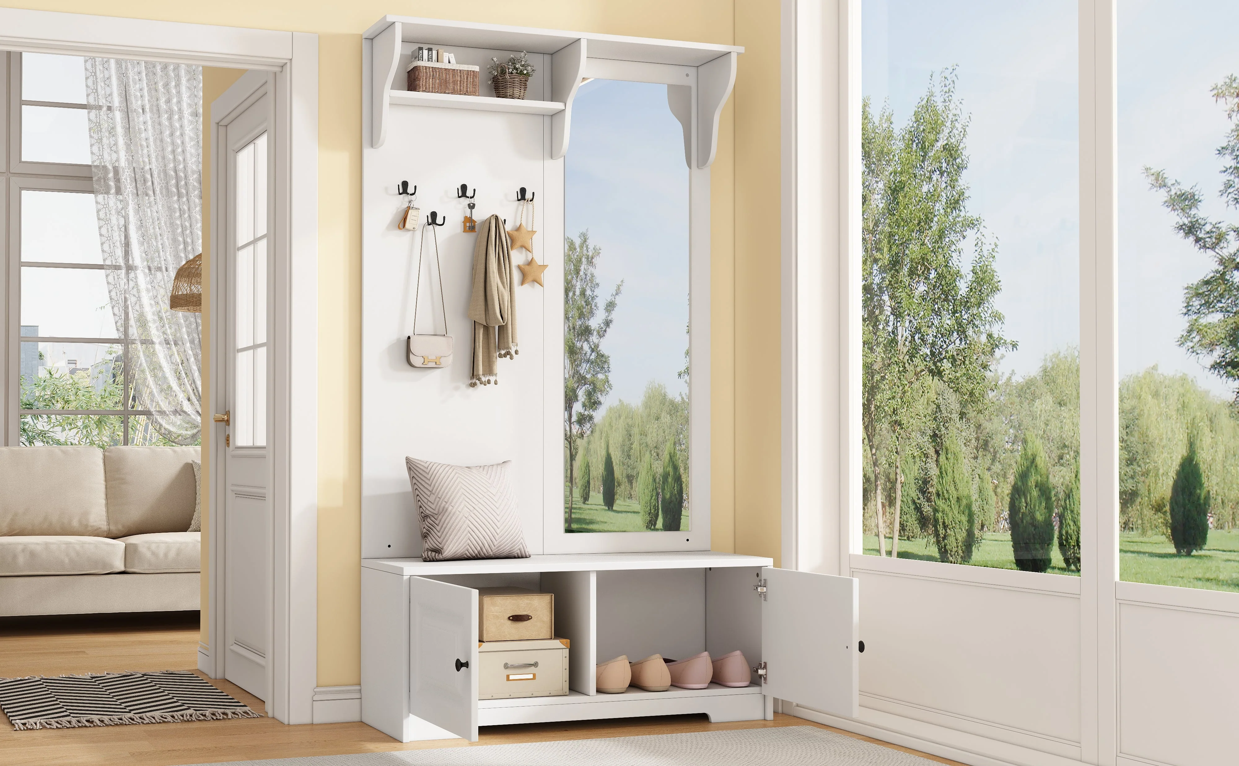 Wardrobe with Mirror, 5 Hooks, 2 Cabinets, White - Image 5