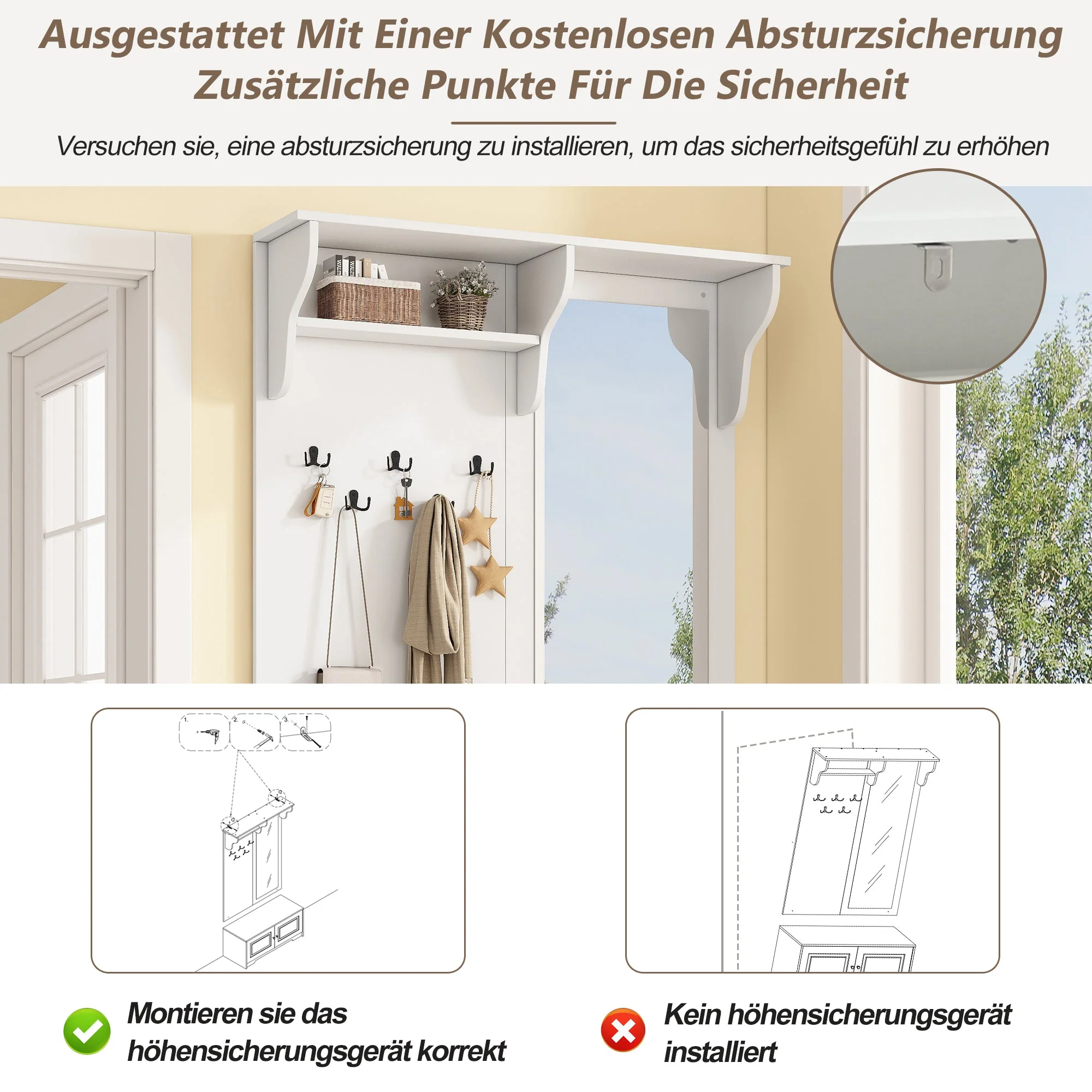 Wardrobe with Mirror, 5 Hooks, 2 Cabinets, White - Image 7