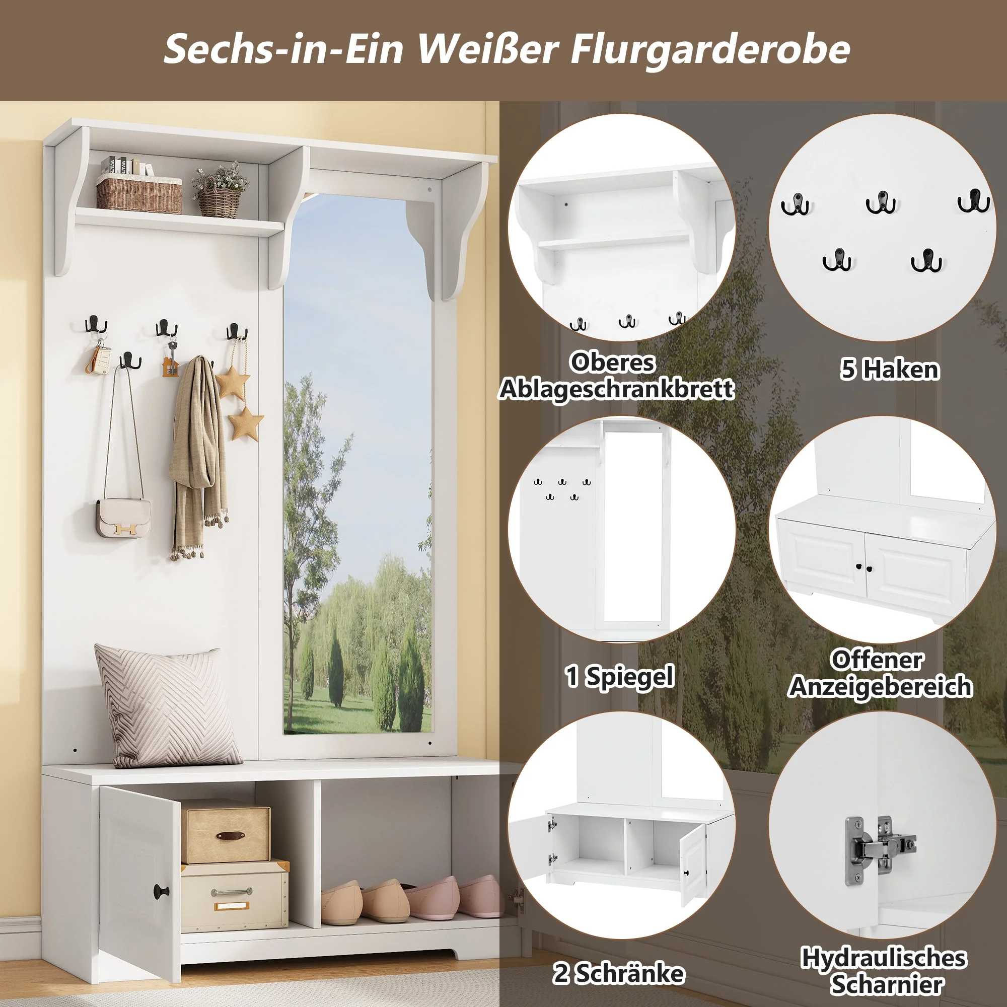 Wardrobe with Mirror, 5 Hooks, 2 Cabinets, White - Image 8