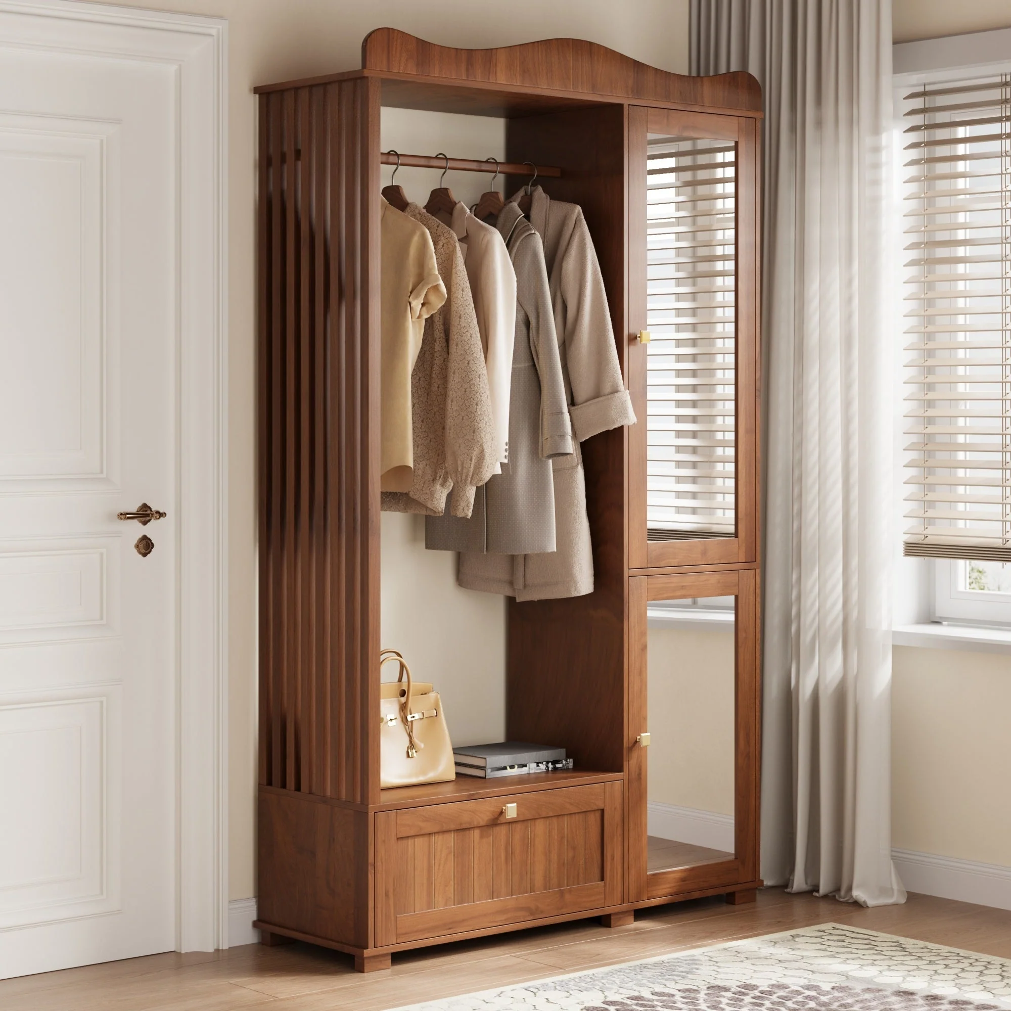 Wardrobe with Mirror and Open Clothes Rack, Drawer and 2 Doors, Natural Wood and Glass - Image 4