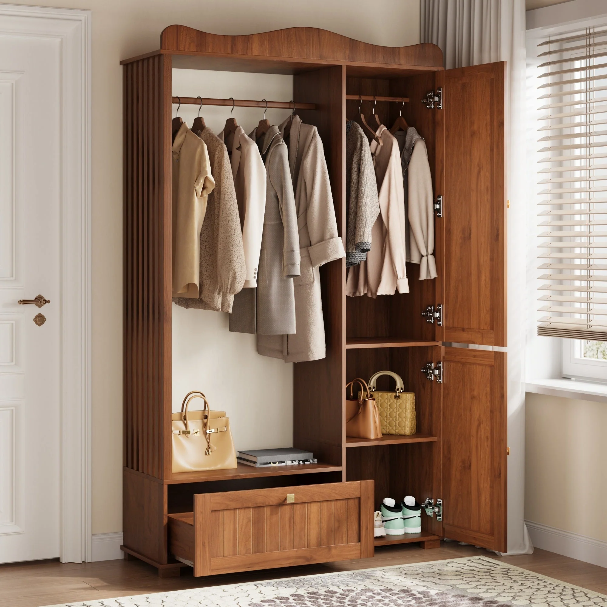 Wardrobe with Mirror and Open Clothes Rack, Drawer and 2 Doors, Natural Wood and Glass - Image 5