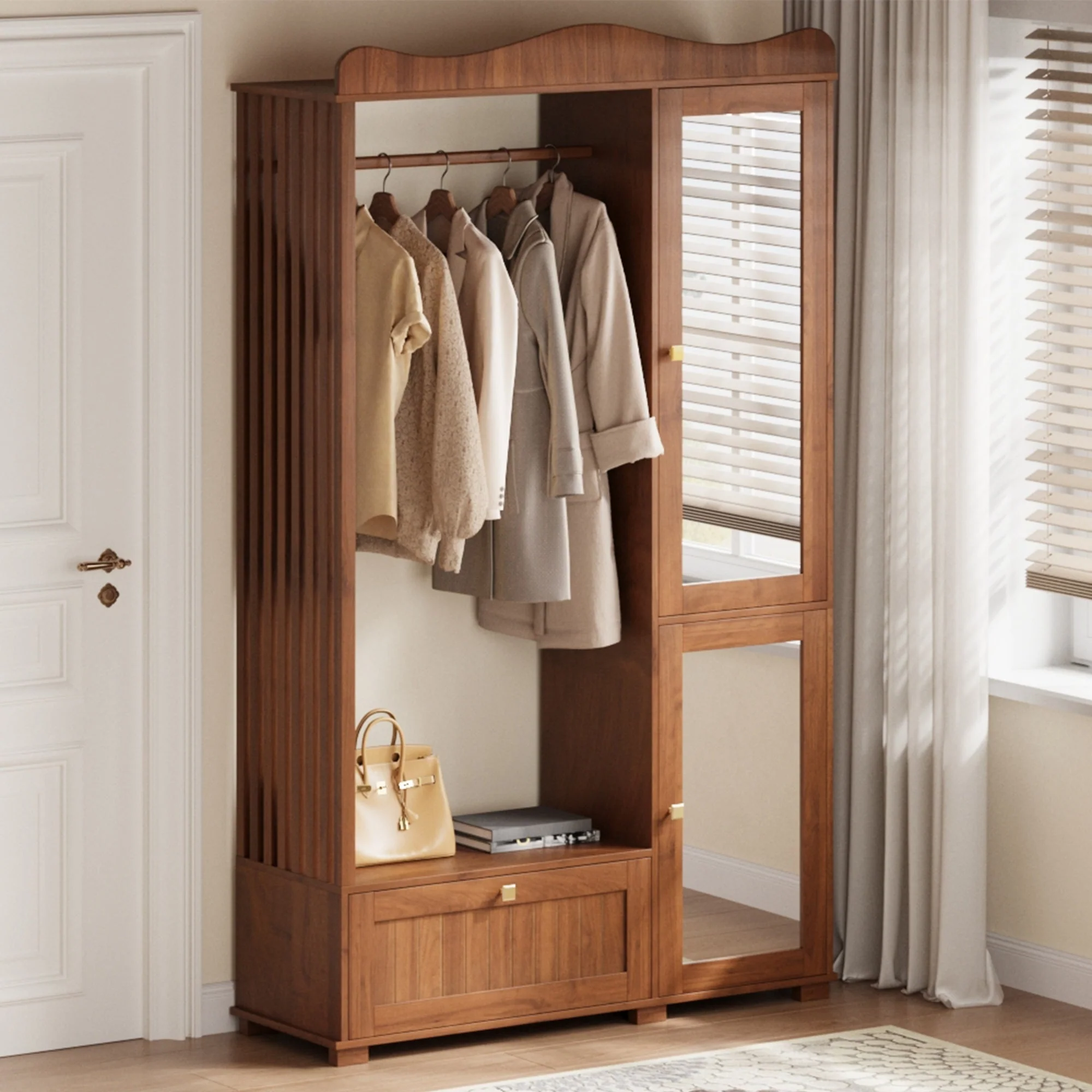 Wardrobe with Mirror and Open Clothes Rack, Drawer and 2 Doors, Natural Wood and Glass - Image 6