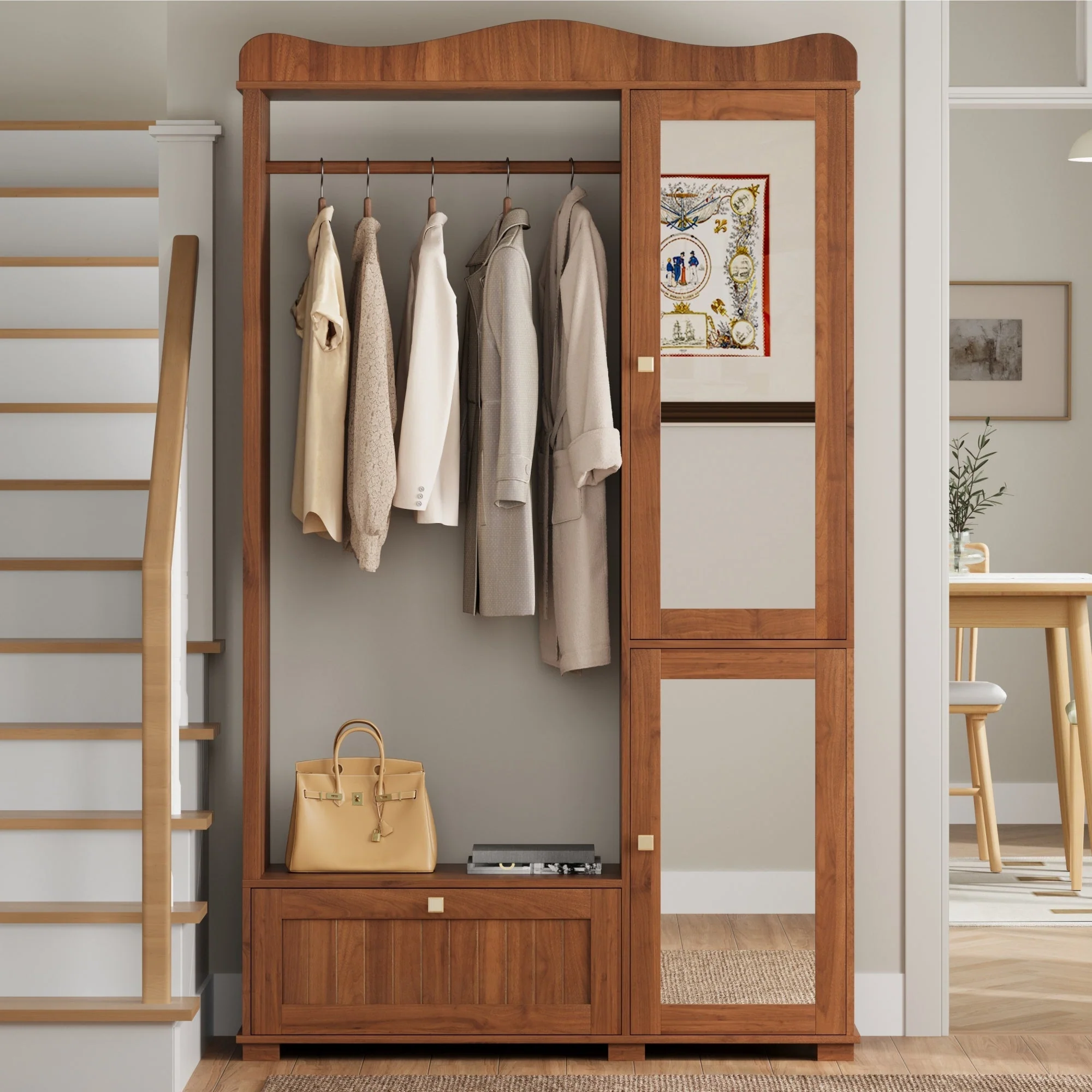 Wardrobe with Mirror and Open Clothes Rack, Drawer and 2 Doors, Natural Wood and Glass - Image 9