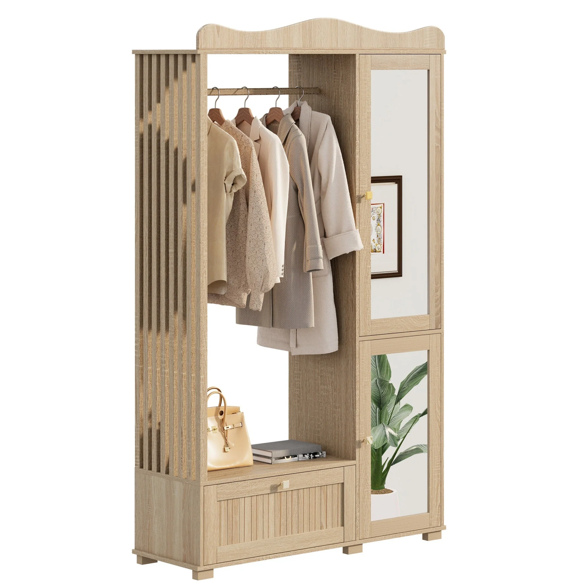 Wardrobe with Mirror and Open Clothes Rack, Drawer and 2 Doors, Wood Wood - Image 2