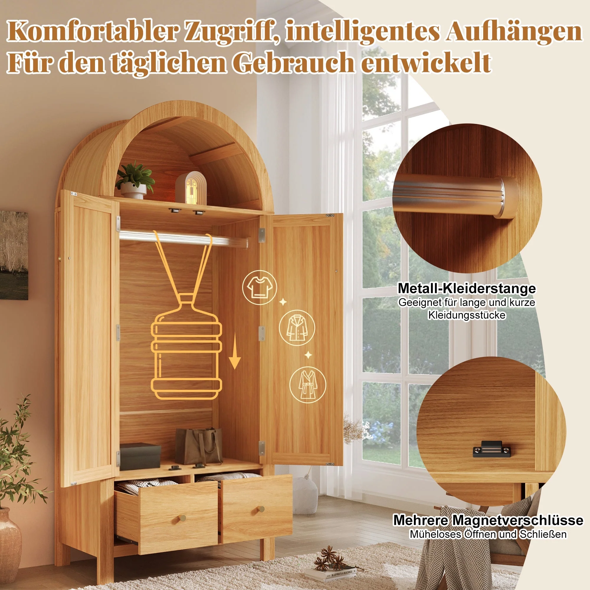 Wardrobe with Rattan Weave and 2 Doors, 181x78x45 cm, Oak Look - Image 6