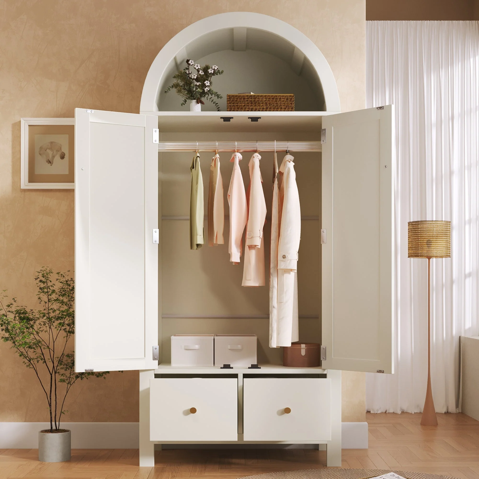 Wardrobe with Rattan Weave and 2 Doors, 181x78x45cm, White Wood - Image 8