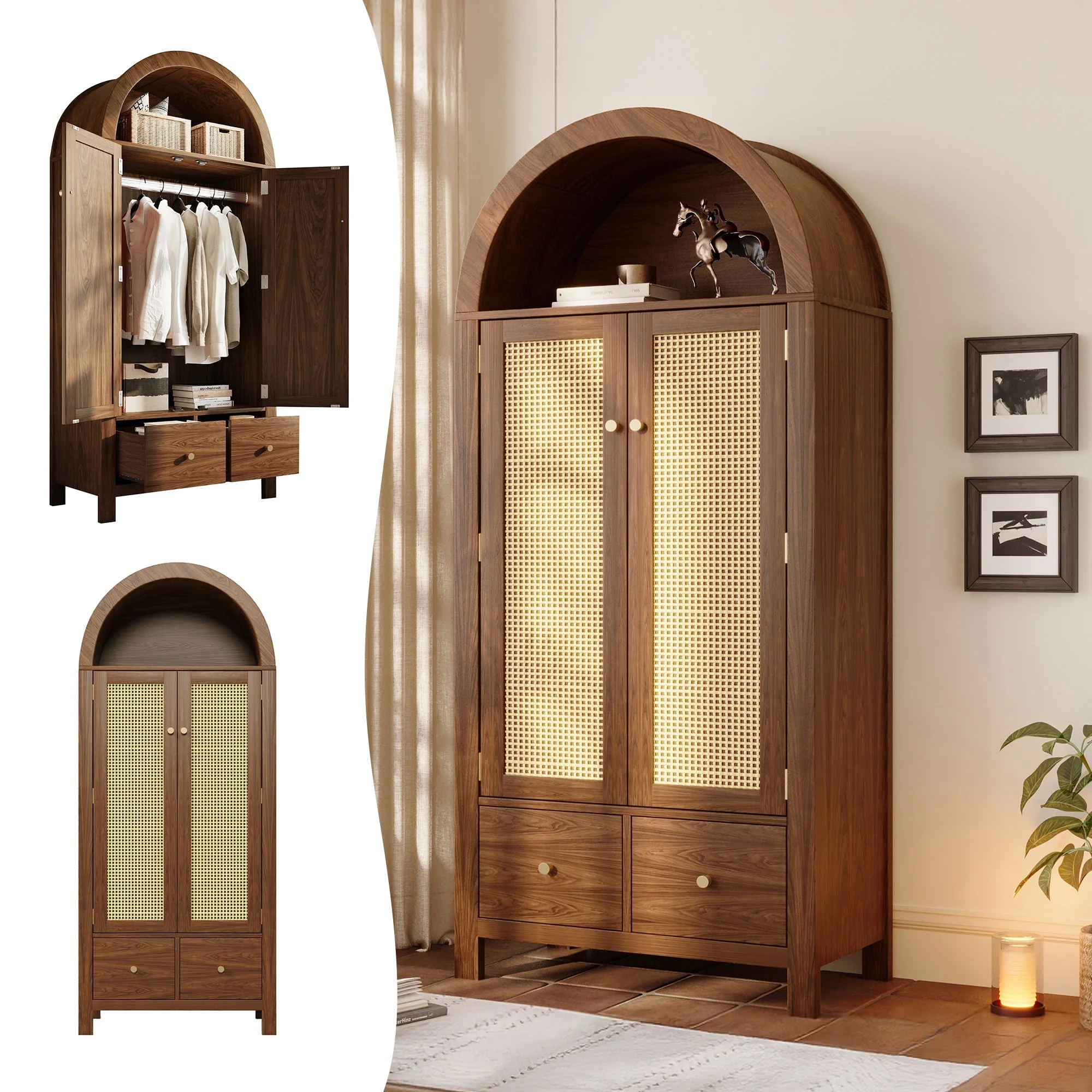 Wardrobe with Rattan Weave and 2 Drawers, Walnut Look - Image 5