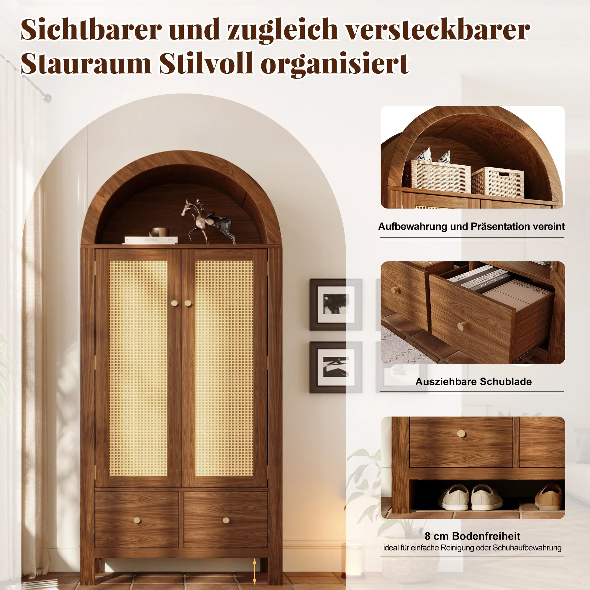 Wardrobe with Rattan Weave and 2 Drawers, Walnut Look - Image 6