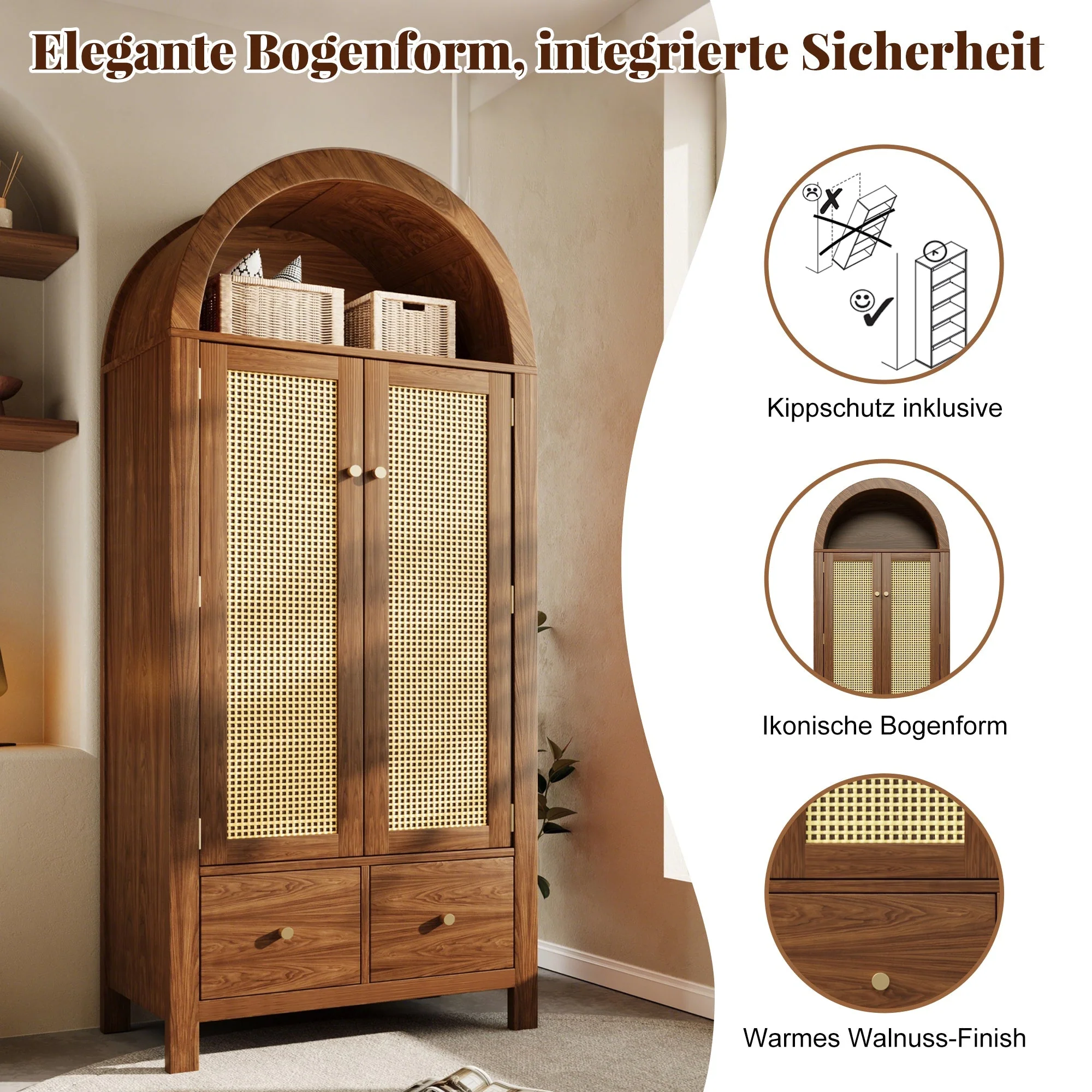 Wardrobe with Rattan Weave and 2 Drawers, Walnut Look - Image 7
