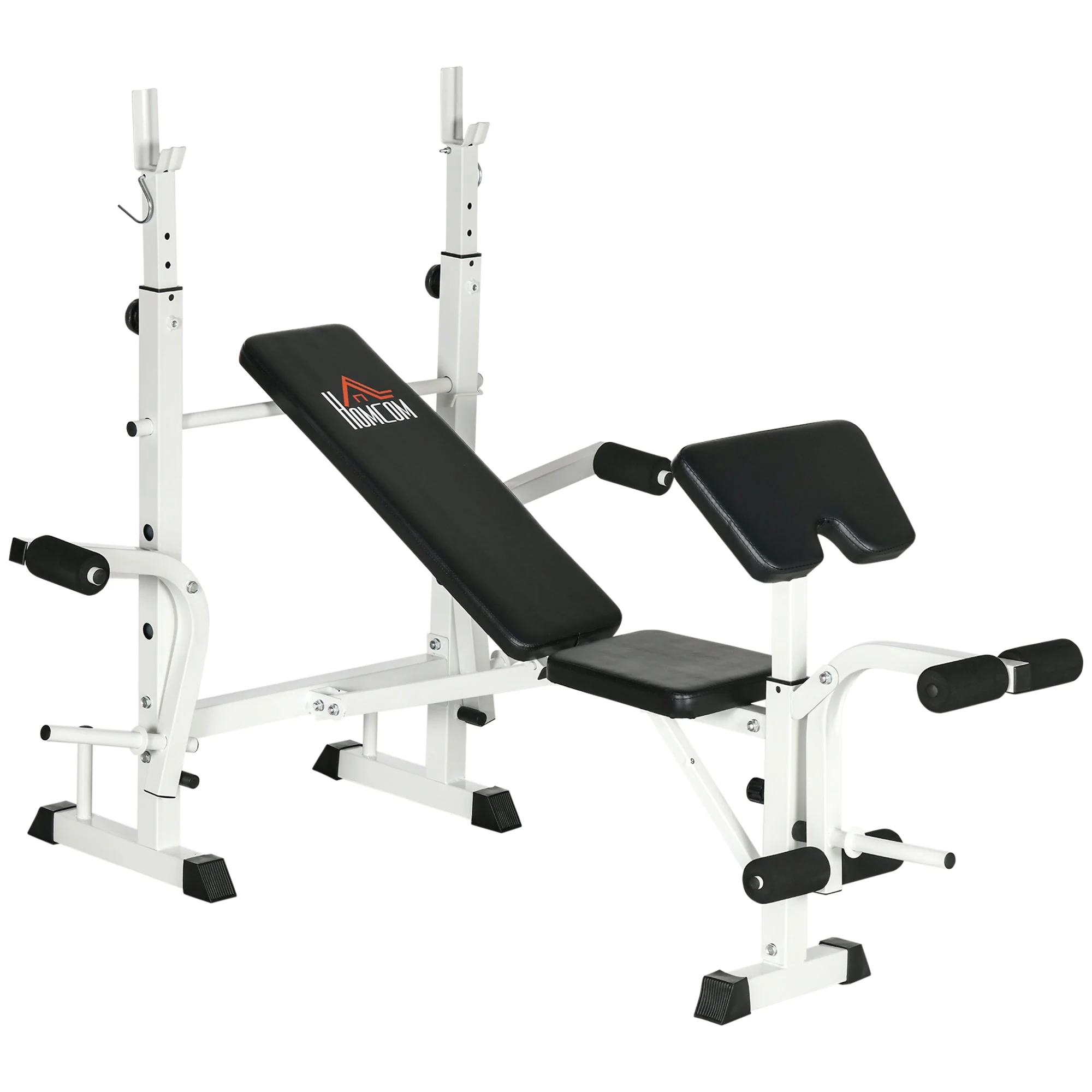 Weight Bench with Leg Press, Barbell Rack, and Armrests, Black and White - Image 2
