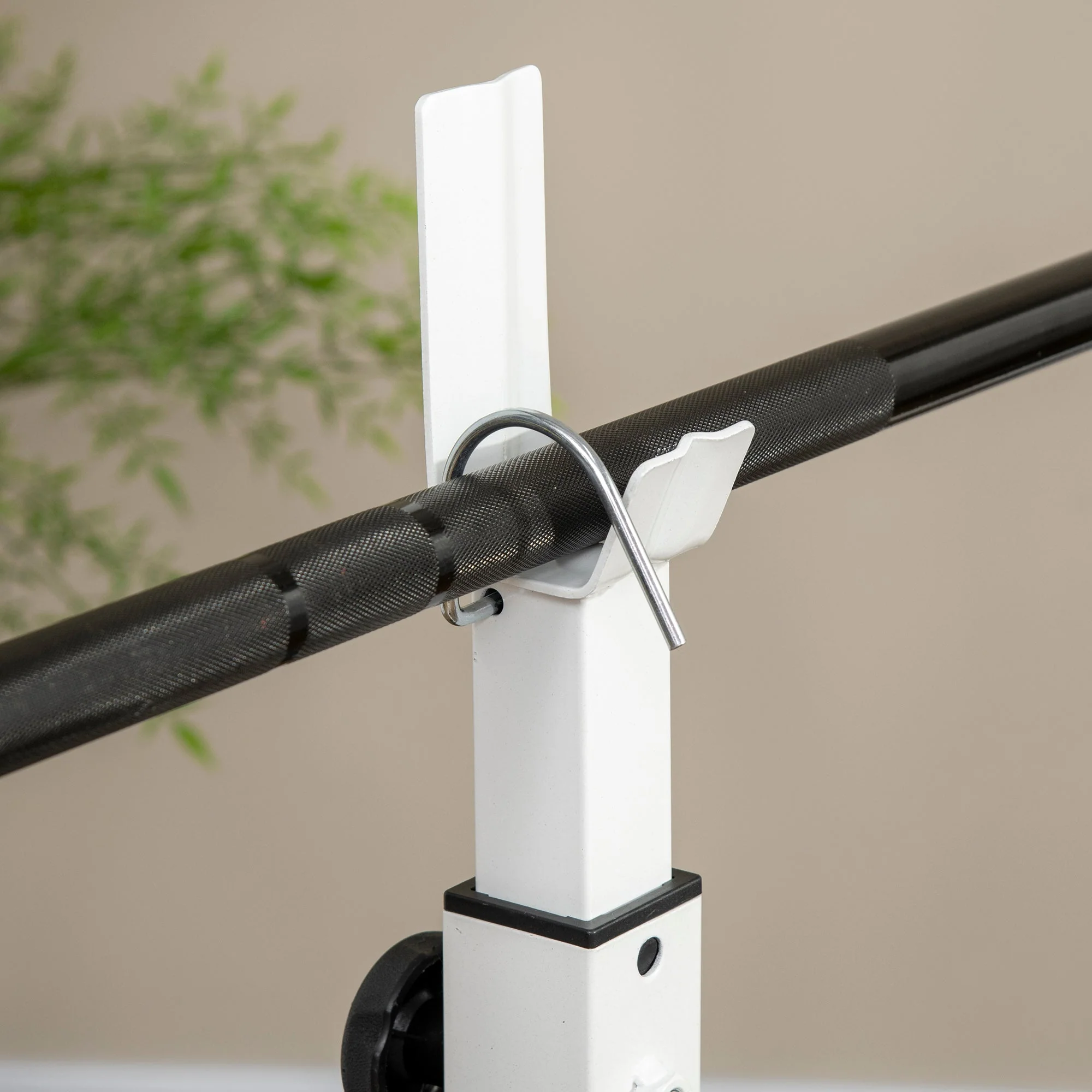 Weight Bench with Leg Press, Barbell Rack, and Armrests, Black and White - Image 8