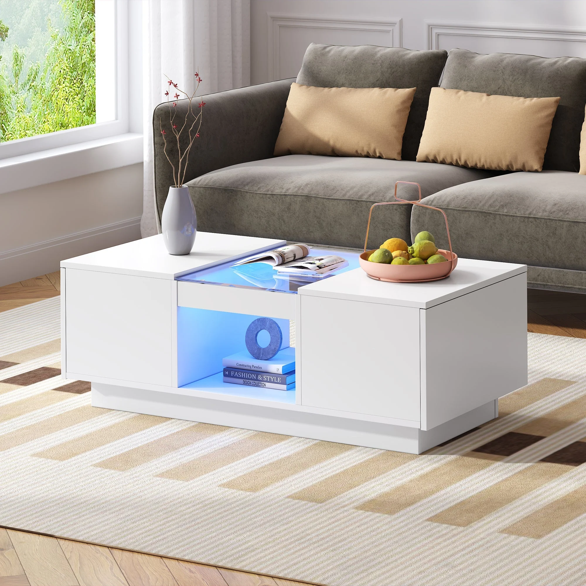 White Coffee Table with Glass Panel, LED Lighting, 2 Drawers, and 1 Open Compartment - Image 3