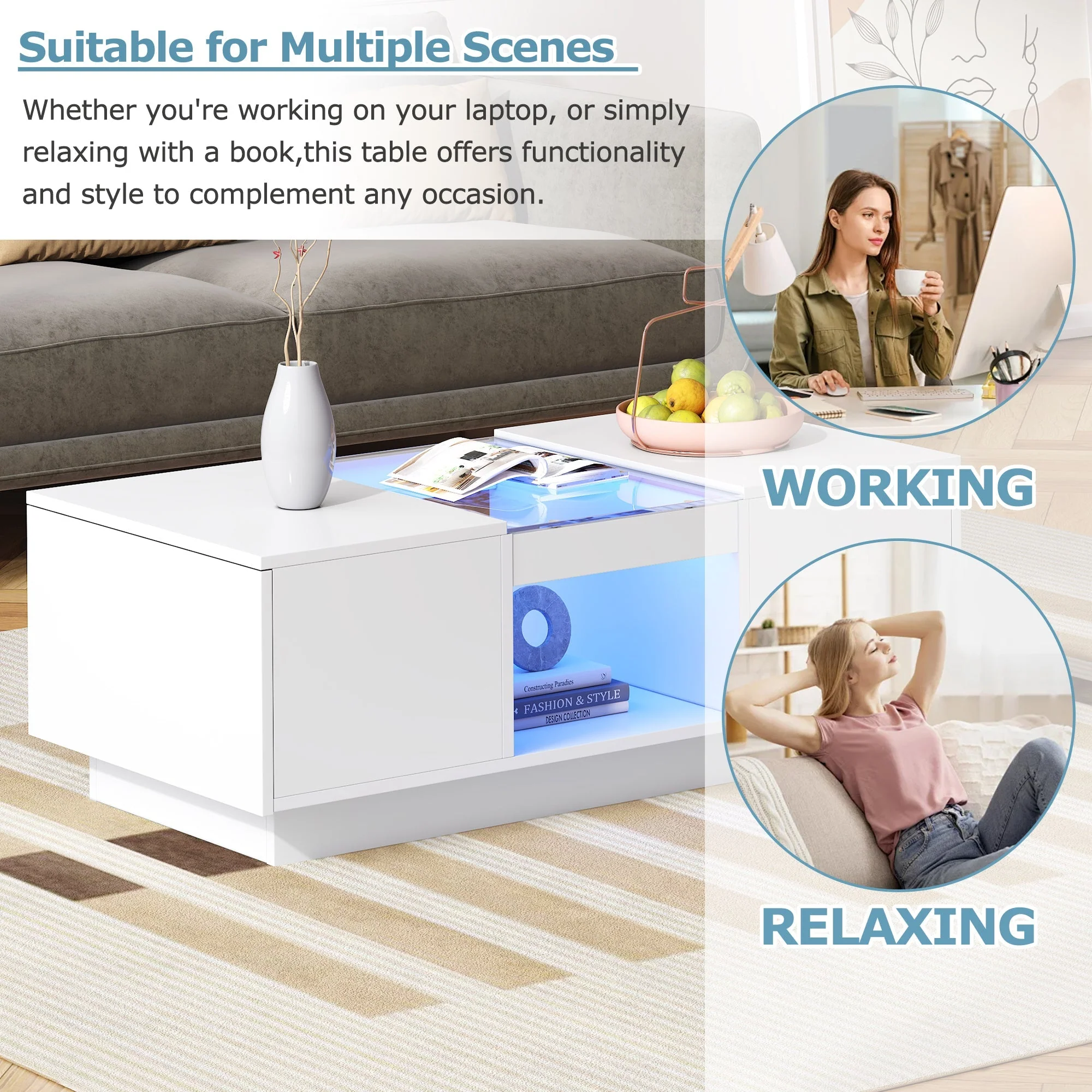 White Coffee Table with Glass Panel, LED Lighting, 2 Drawers, and 1 Open Compartment - Image 5