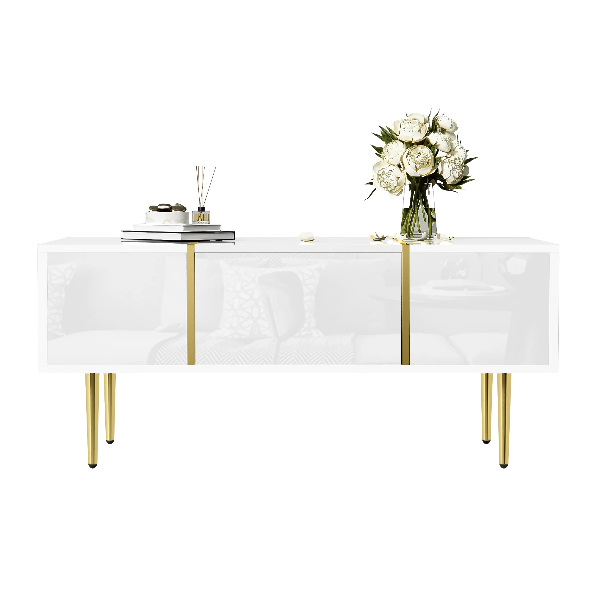 White high-gloss coffee table, modern and simple, with 2 drawers, made of Particle Board. - Image 2