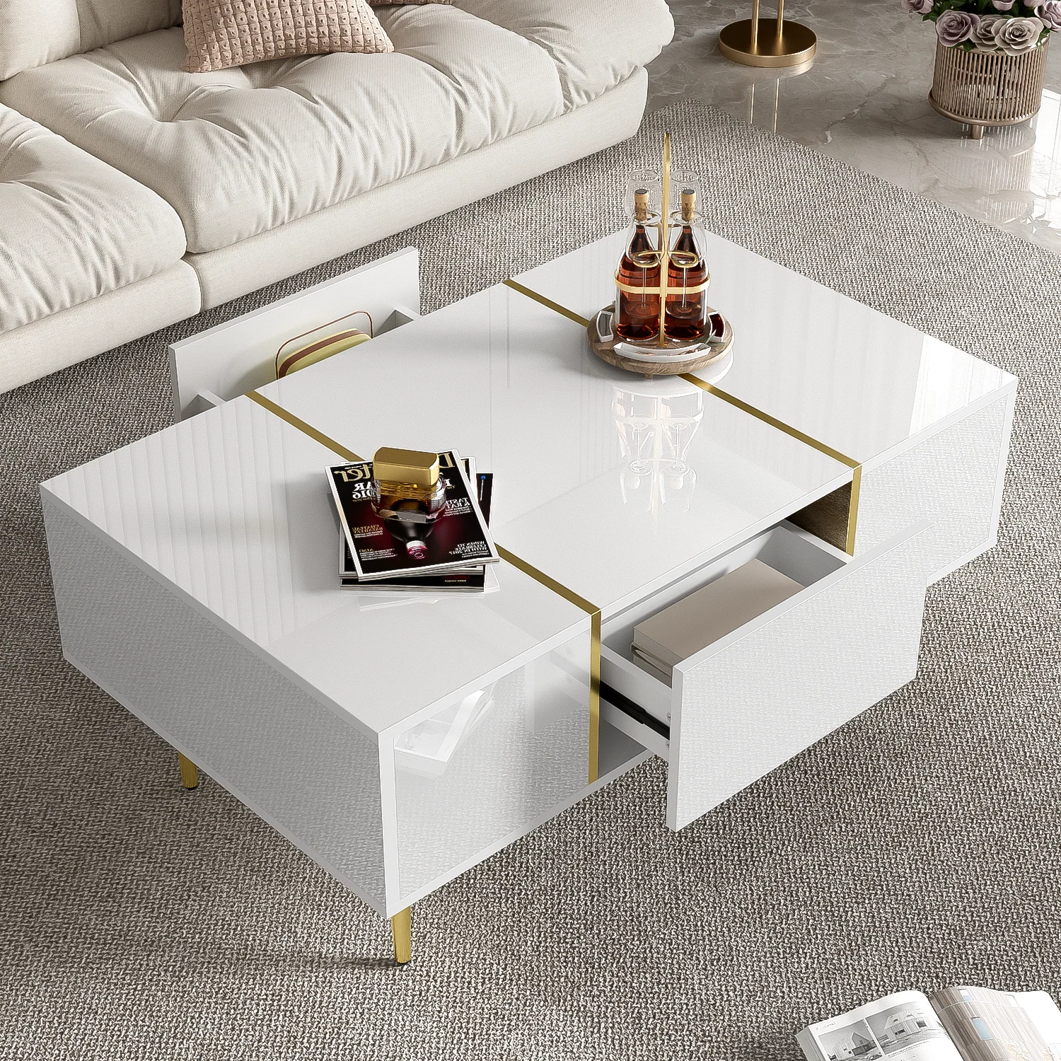 White high-gloss coffee table, modern and simple, with 2 drawers, made of Particle Board. - Image 3