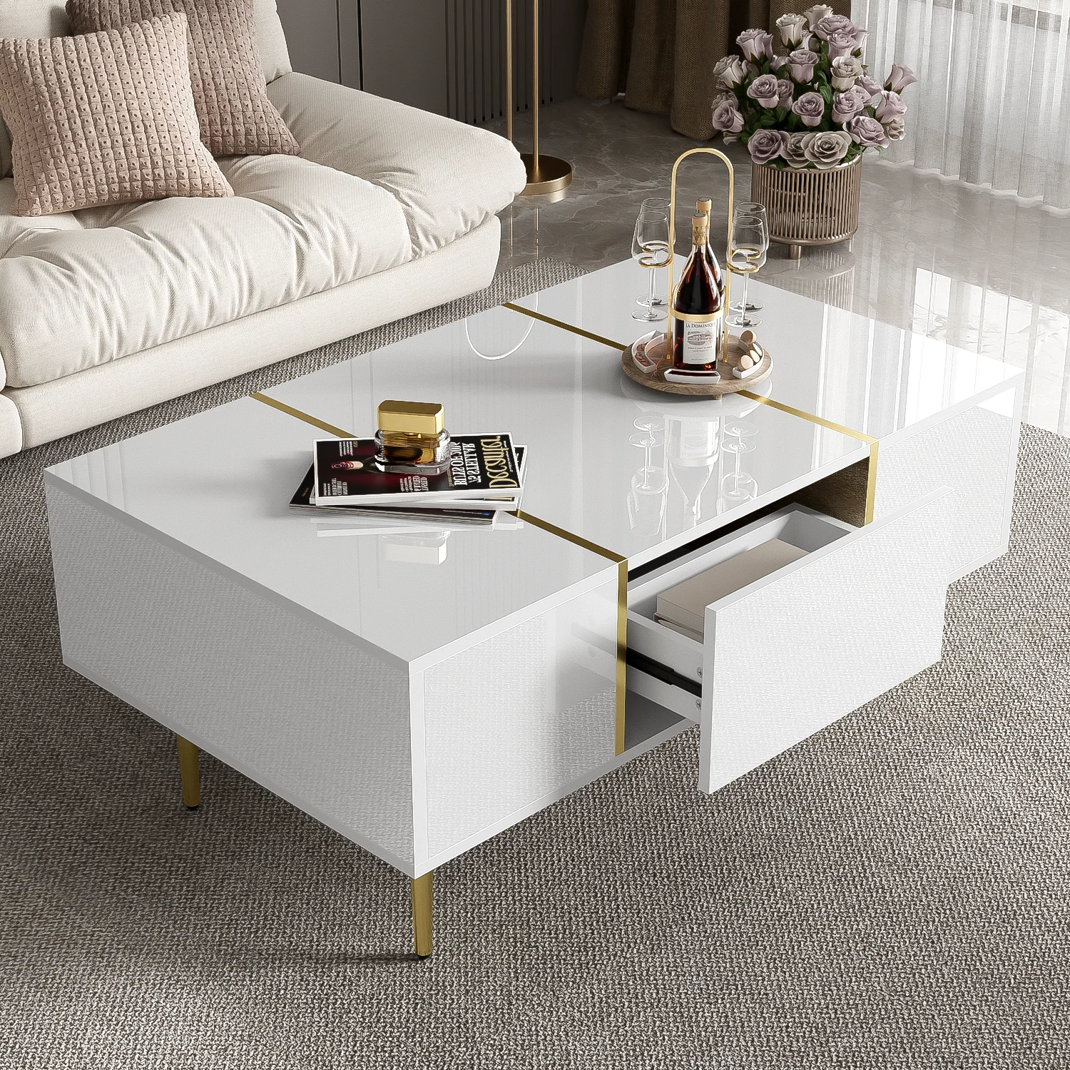 White high-gloss coffee table, modern and simple, with 2 drawers, made of Particle Board. - Image 4