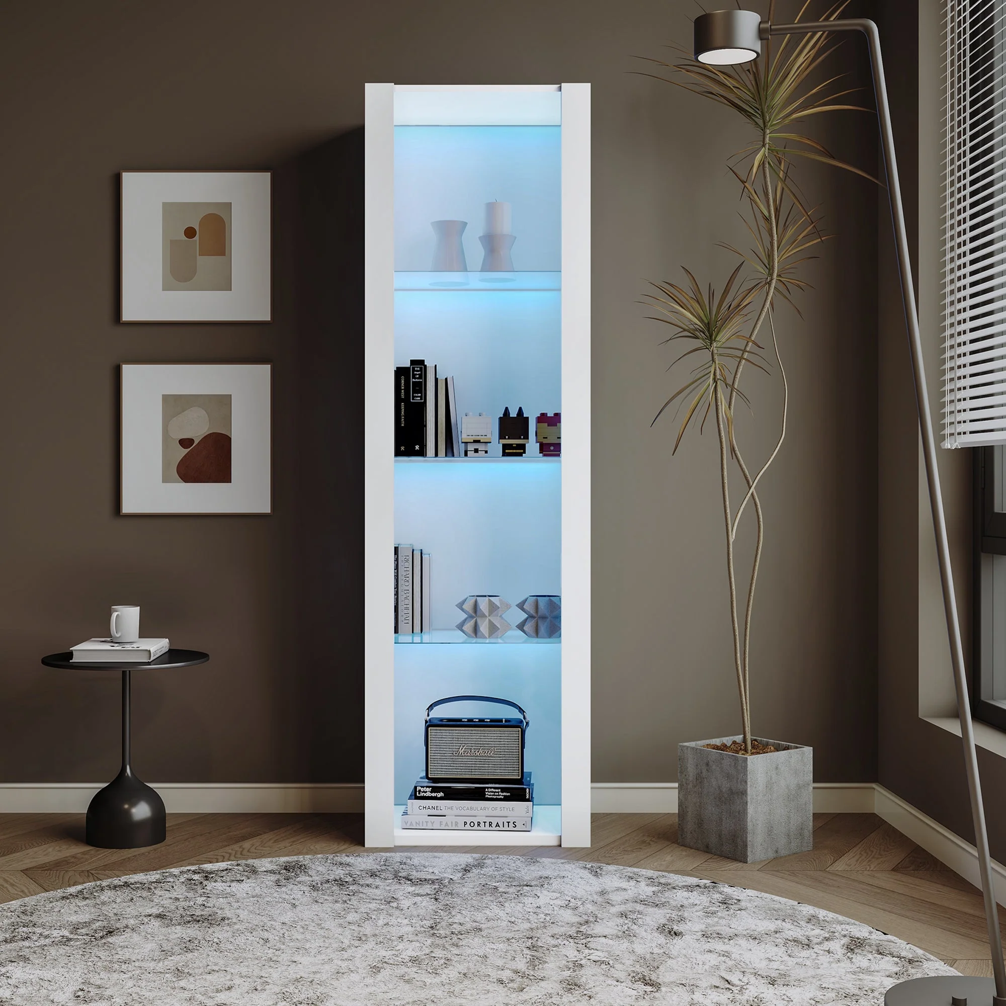 White High-Gloss Display Cabinet with LED Lighting, 3 Glass Shelves, 55x38x166 cm - Image 4
