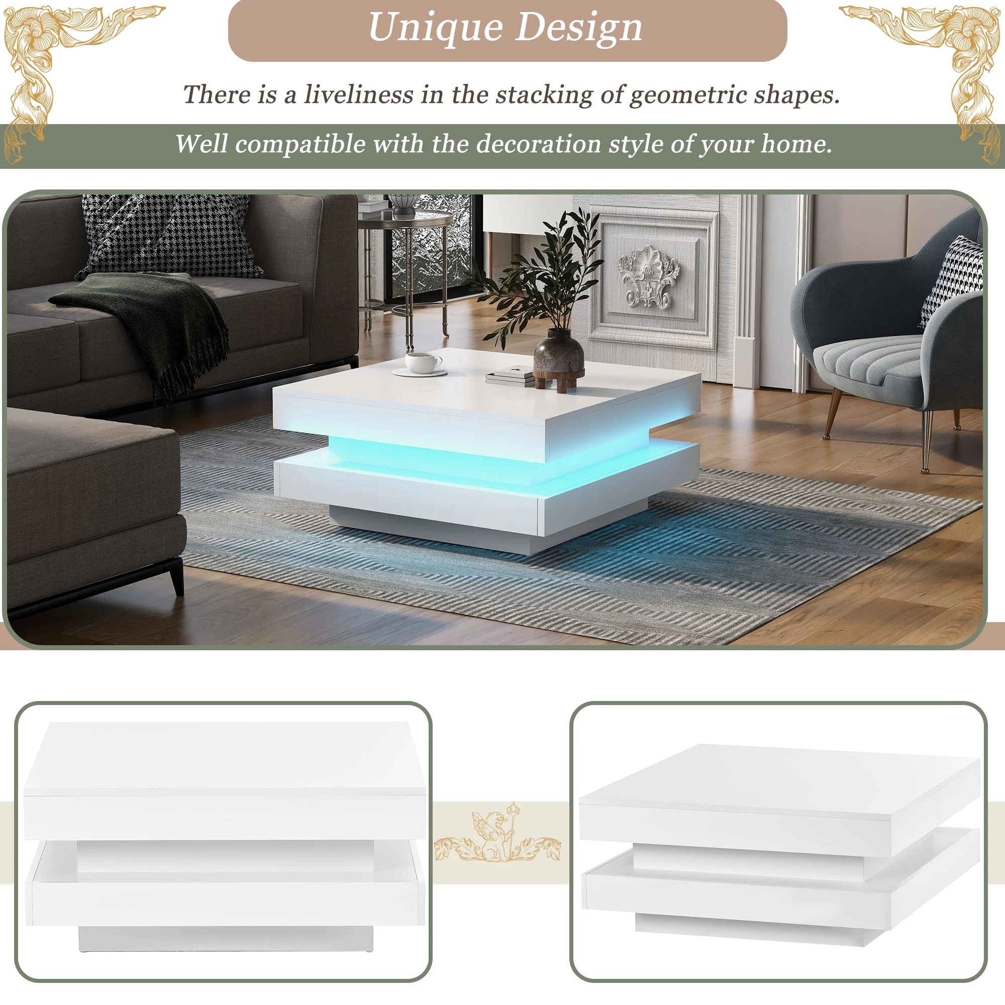 White Square High Gloss Coffee Table with 360° Rotating Top, Tea Table with 16-Color LED light, 70x70x36 cm - Image 3
