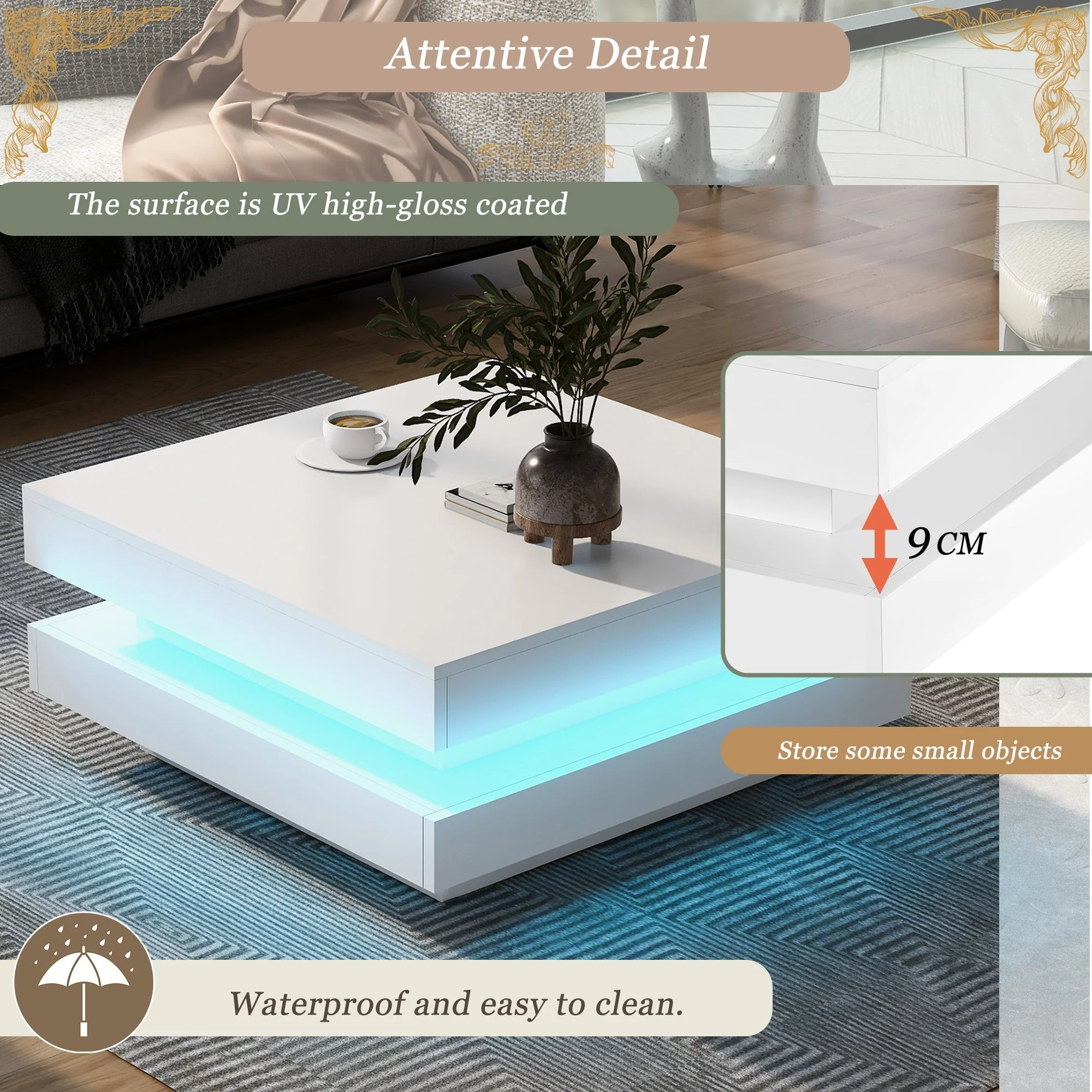 White Square High Gloss Coffee Table with 360° Rotating Top, Tea Table with 16-Color LED light, 70x70x36 cm - Image 5