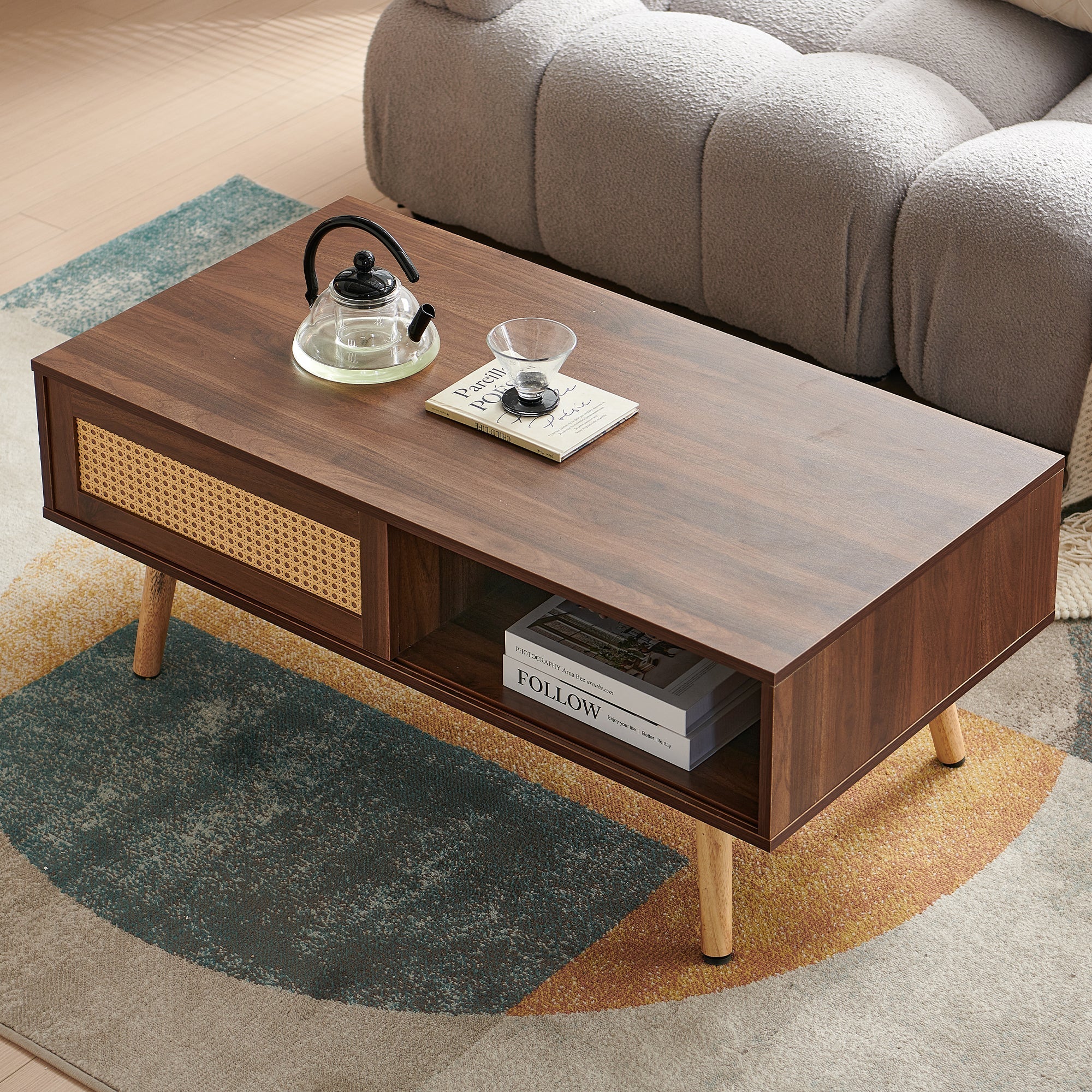 Wicker Coffee Table Sliding Doors Solid Wood Legs Dark Walnut Wood - Image 5