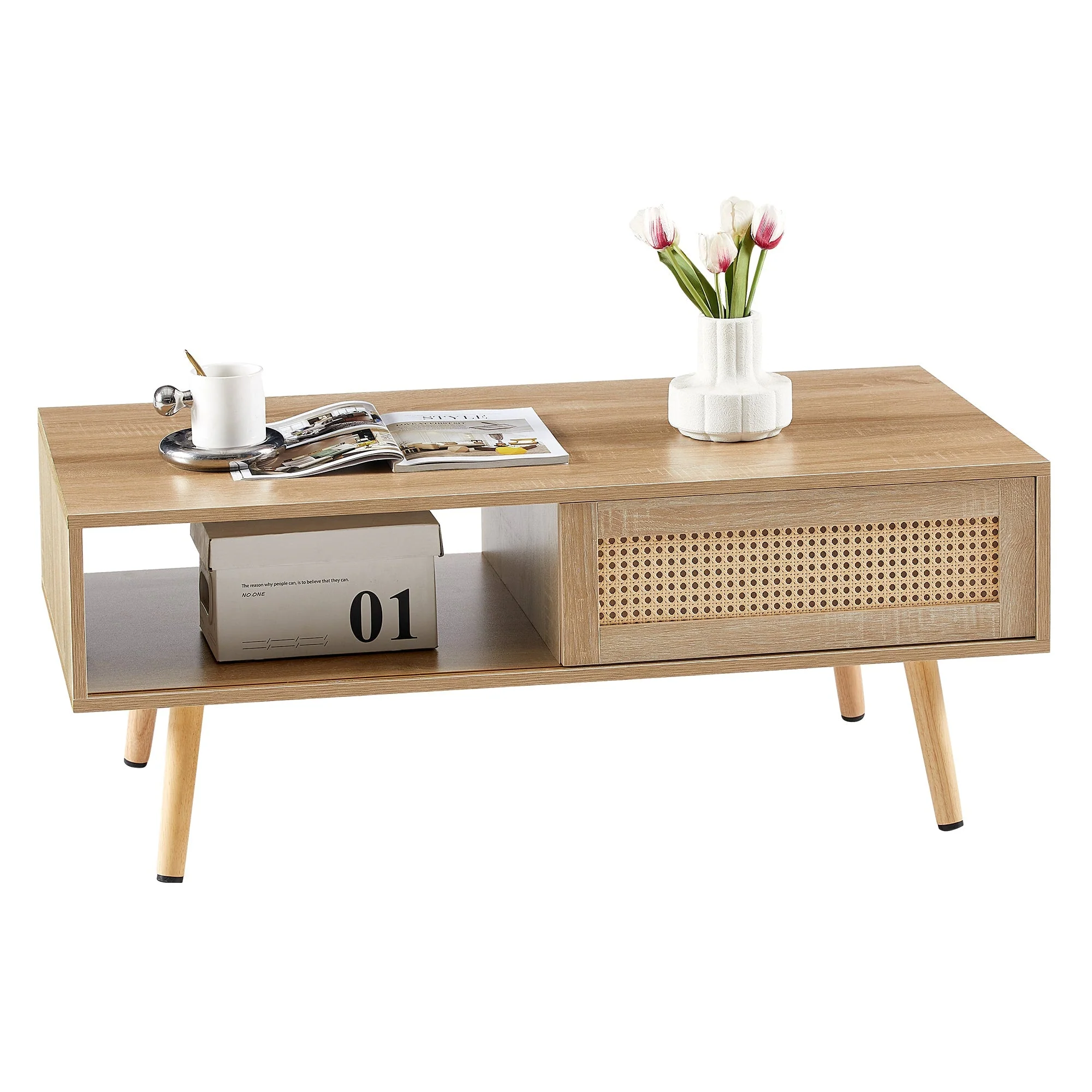 Wicker Coffee Table Sliding Doors Solid Wood Legs - Natural Color - Image 2