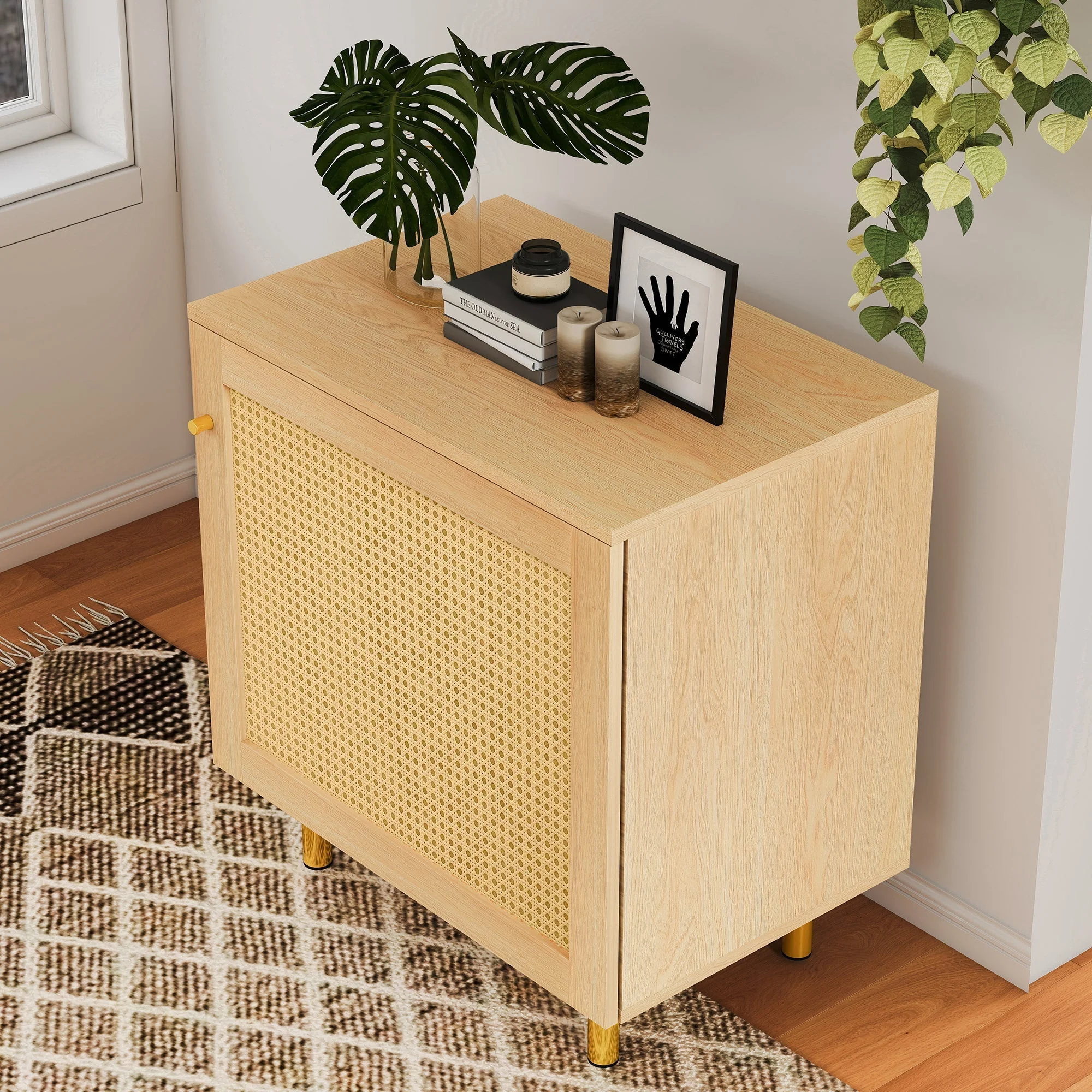 Wicker Nightstand Single Door Rustic Natural Wood Look - Image 6
