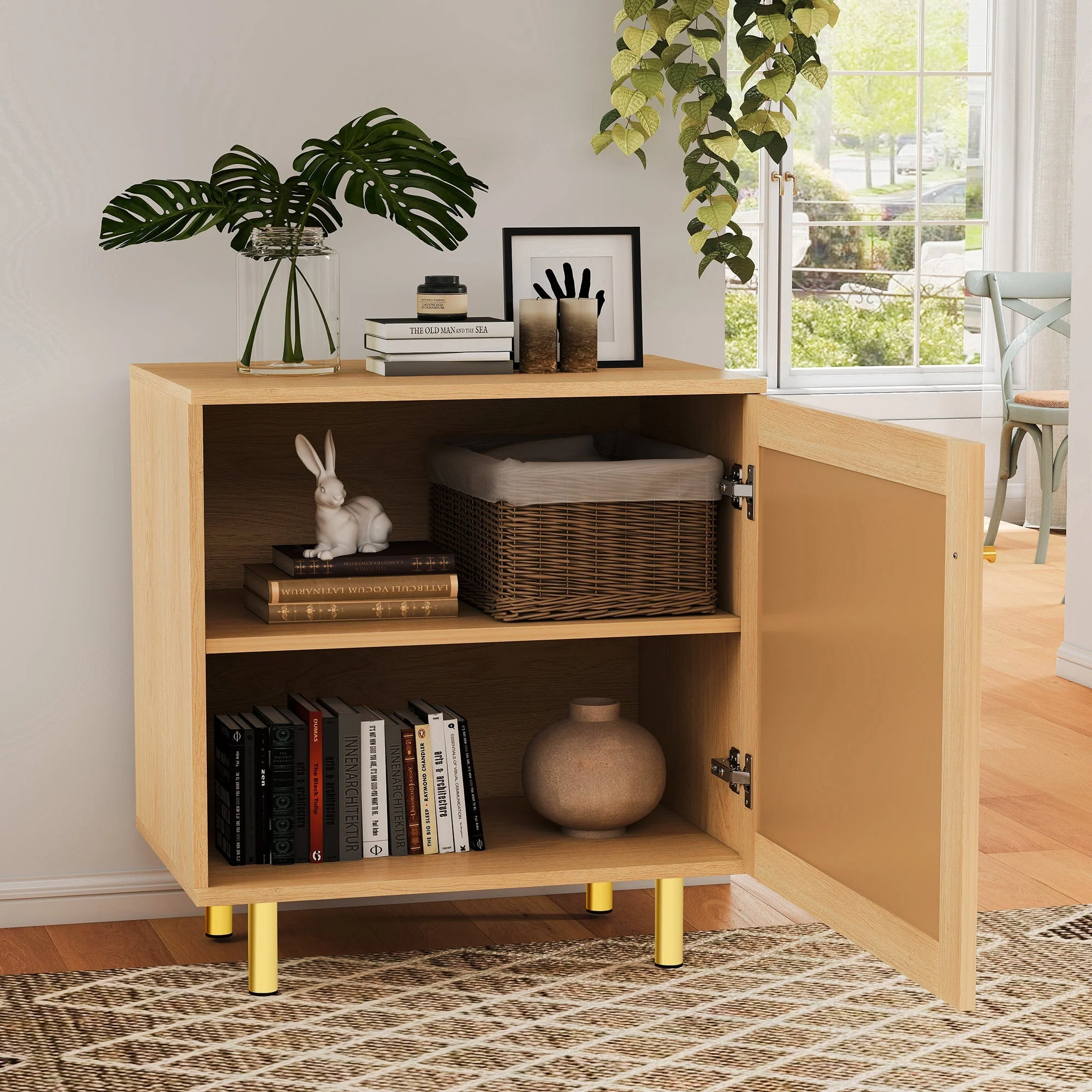 Wicker Nightstand Single Door Rustic Natural Wood Look - Image 8