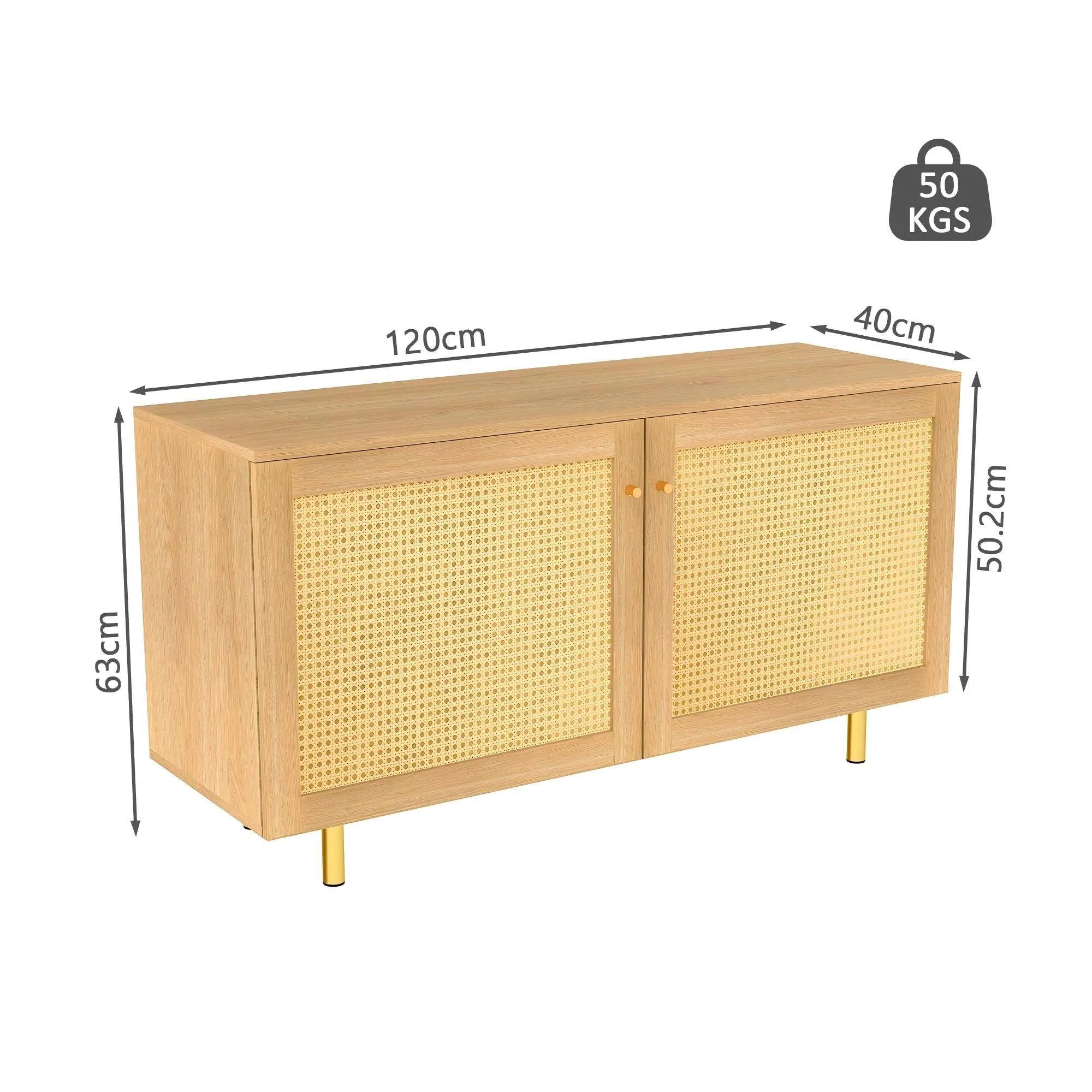 Wicker Sideboard Double-Door Storage Cabinet 120cm Natural Wood Look - Image 2
