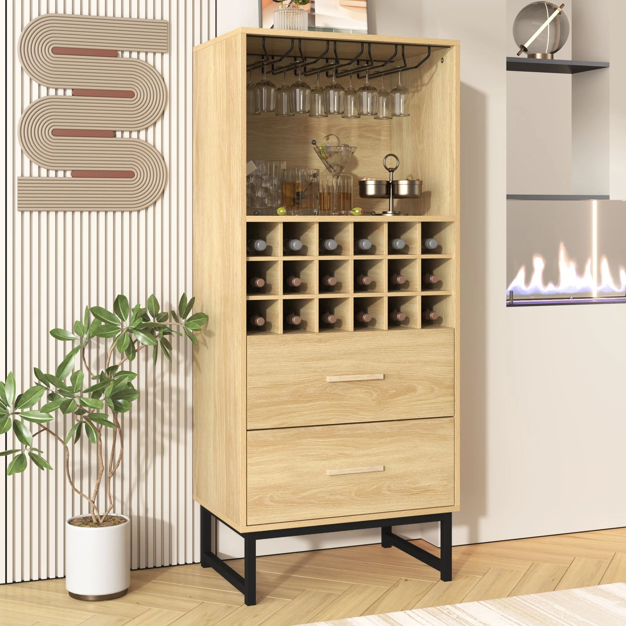 Wine Cabinet 2 Drawers 18 Compartments Glass Holder Matte Black Metal - Image 5