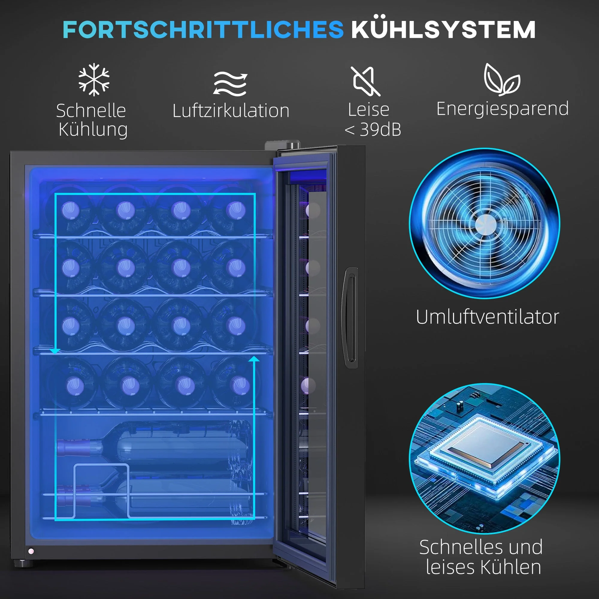 Wine Cooler 20 Bottle 53L 5-18°C Compressor Anti-UV LED Touch Screen, Black - Image 4